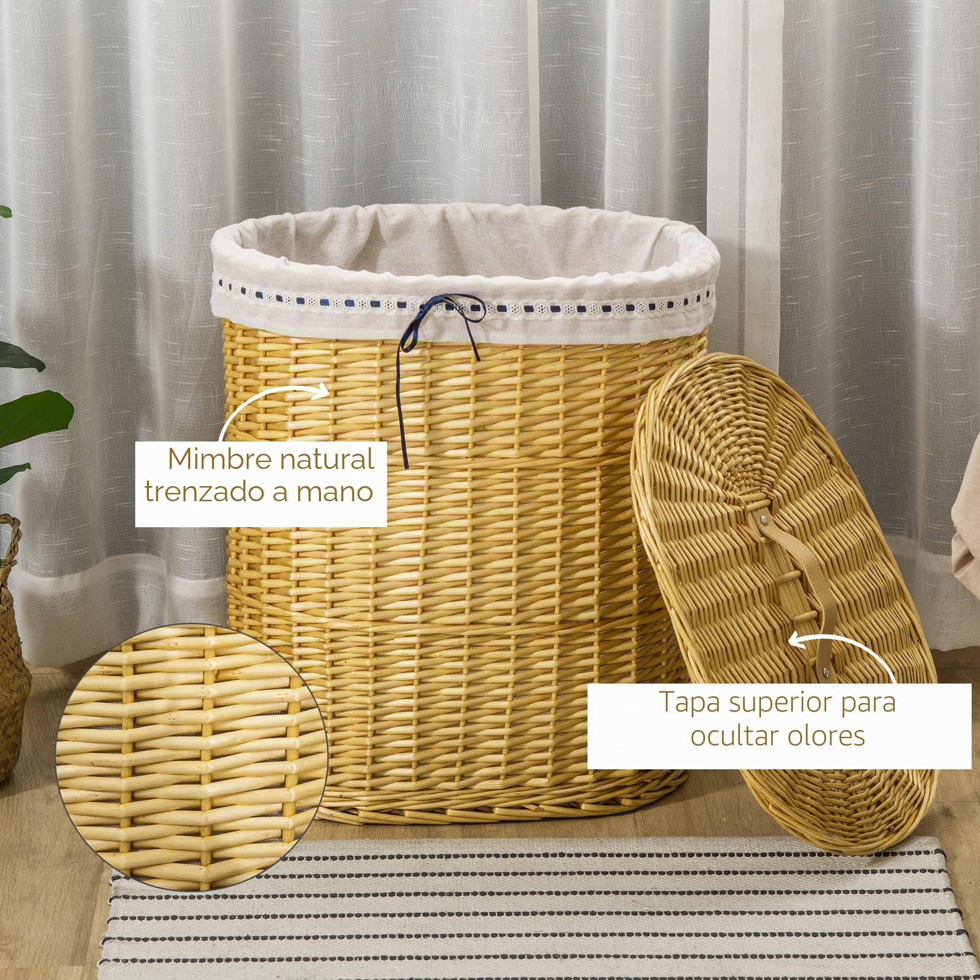 HOMCOM Cesta de Ropa Willow con Tapa, Bolsa de Ropa Extraíble, Natural | Canasta de ropa con asa, para baño, lavandería, dormitorio