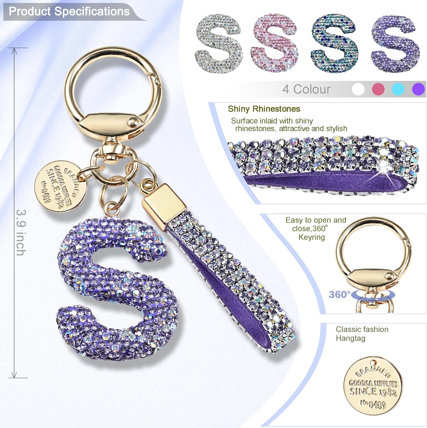 Pink Blue White Initial Letter Keychain Gift for Women Girls Bling Sparkly Cute Backpack Car Key Accessories Lanyard - Image 2