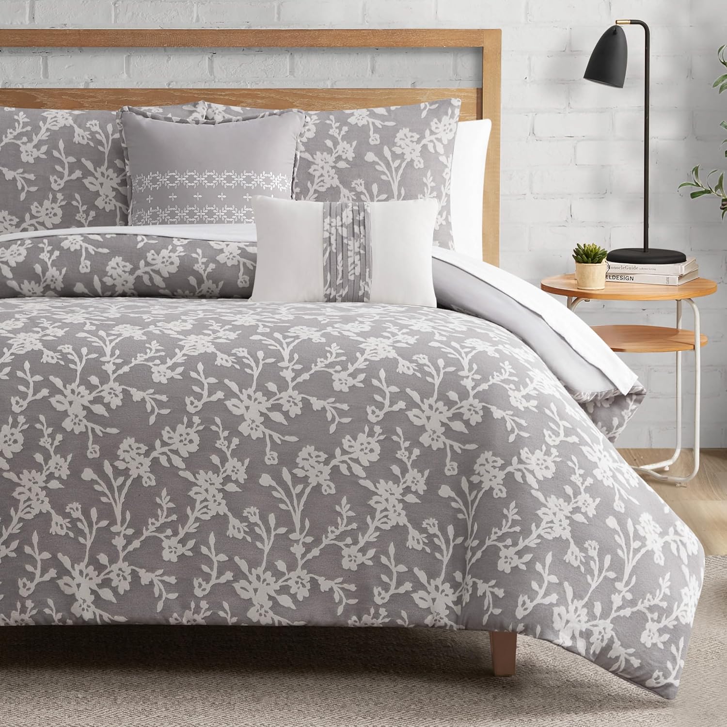 Lucky Brand Fiora Floral Grey Comforter Set with Pillows- King Size - 5 Piece Luxurious Bedding Ensemble Fiora Floral Comforter Set King