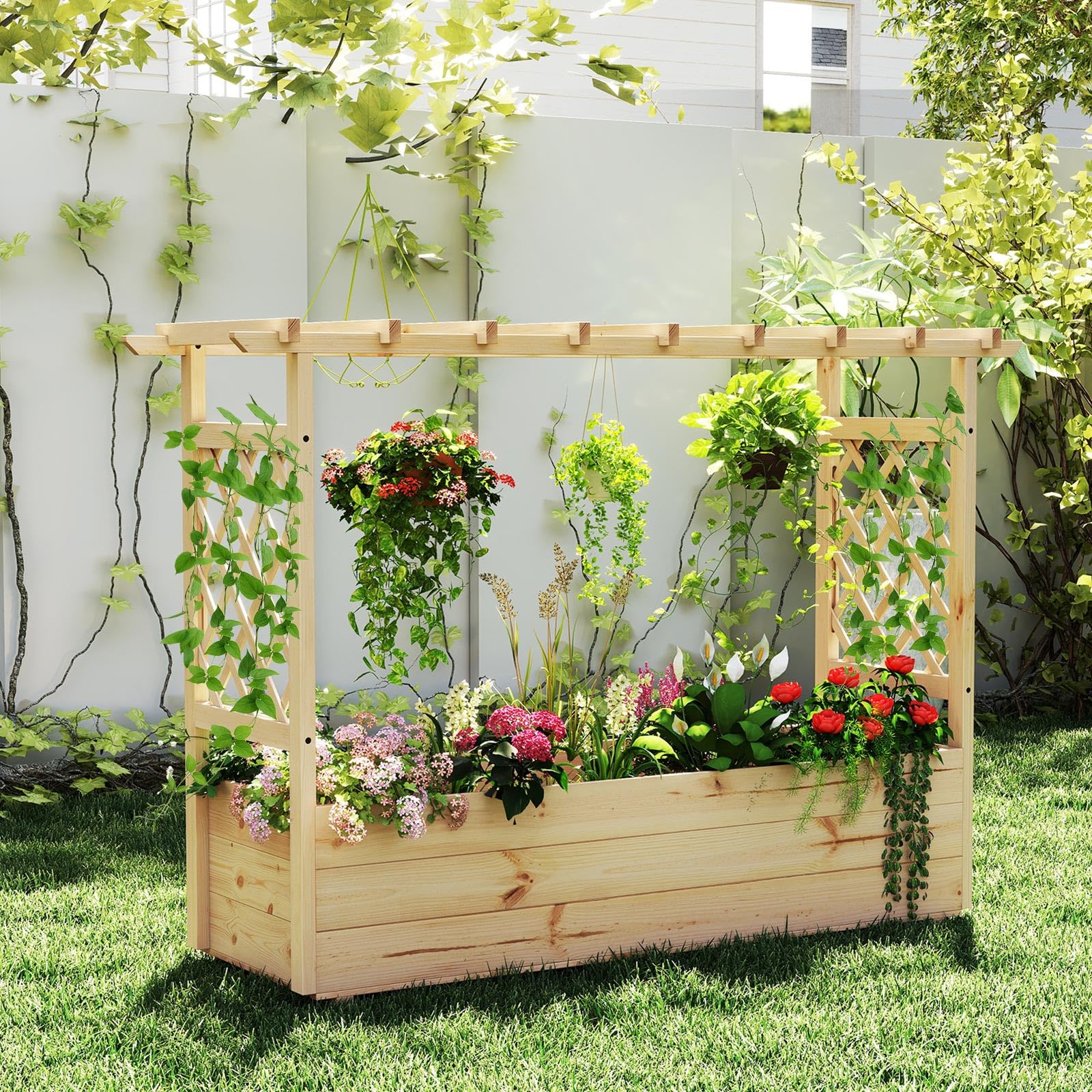 HOMASIS Jardinière Surélevée avec Treillis & Etagère de Toit, Lit de Jardin en Bois avec Trous de Drainage, Bac à Fleurs pour Plantes Grimpantes, Légumes, Fleurs, Herbes pour Extérieur (Grand)