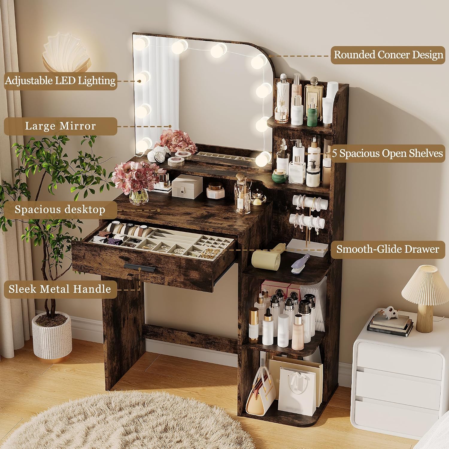 wanan Makeup Vanity Desk with Mirror and Lights, 32" W x 14" D x 52" H, Girls Vanity Set with 5 Storage Shelves, Big Drawer and 3 Lighting Colors, Women’s Vanity for Bedroom, Vintage Brown