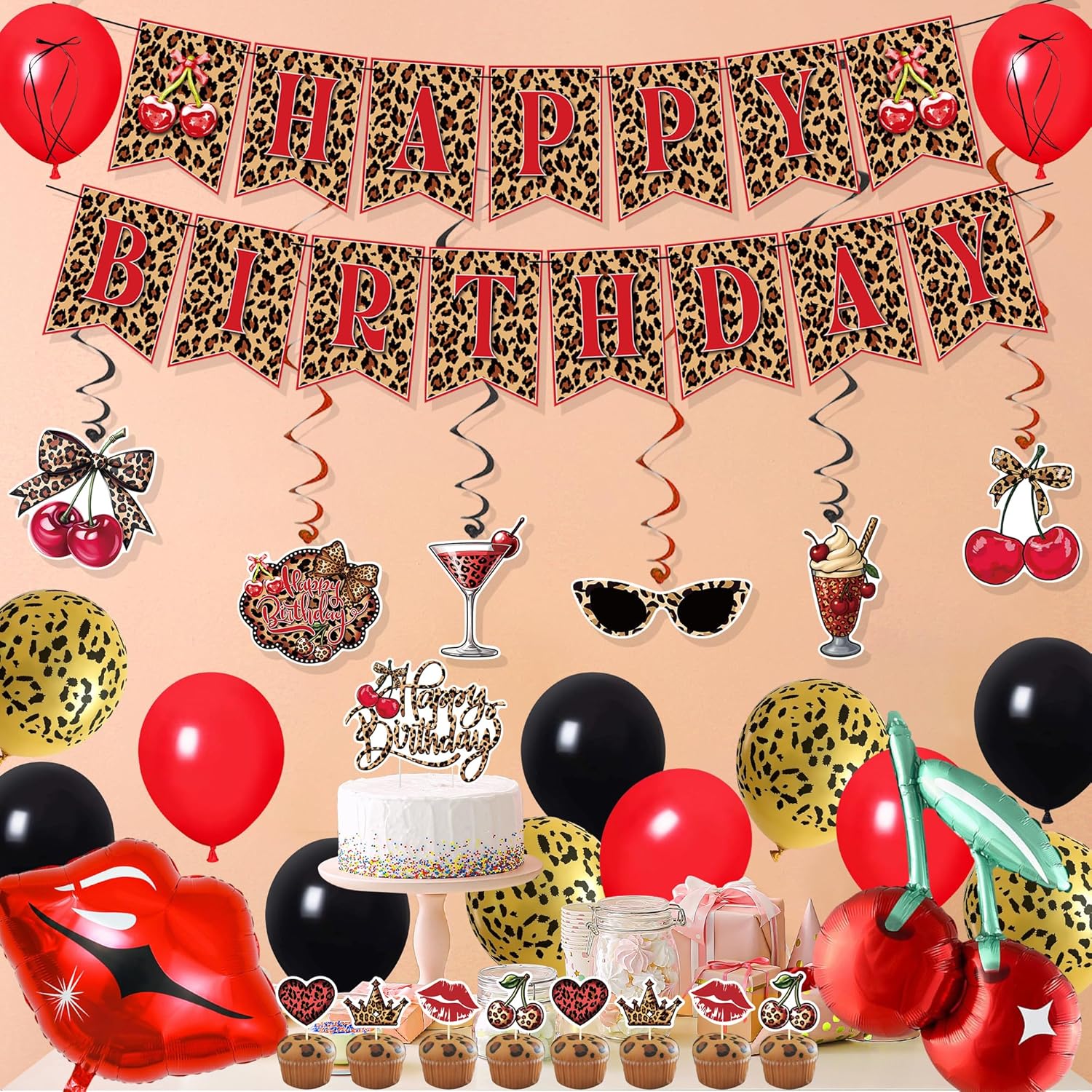 Holkcog Cheetah and Cherry Birthday Decorations, Leopard Happy Birthday Banner, Red Black and Cheetah Print Balloons, Cherry cupcake topper, red Leopard pattern party supply for Girls Women - Image 6
