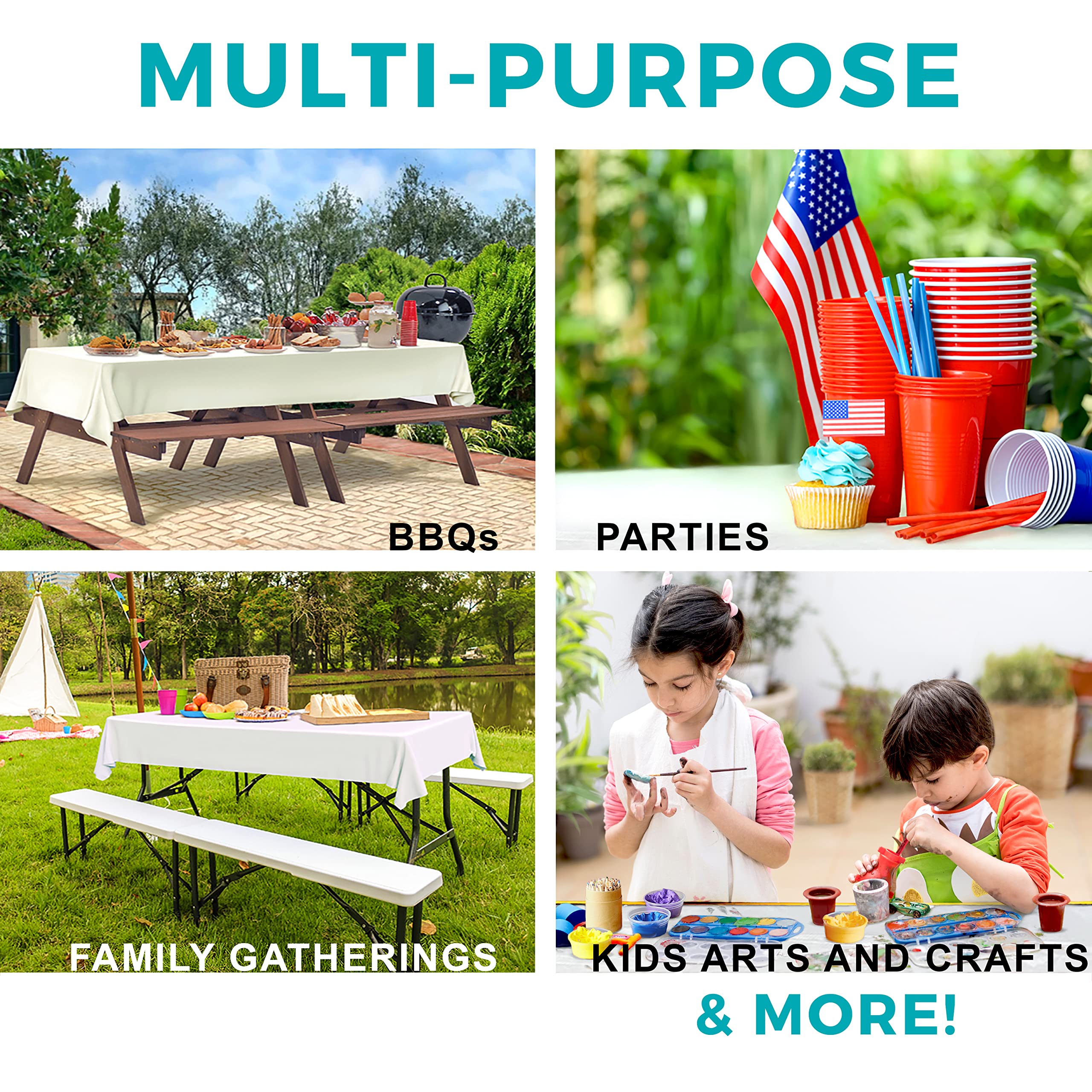 Smarty Kiddo Rollo de Mantel desechable de plástico 54 x 100 pies, Color Blanco con Caja de Corte integrada, Mantel para Fiestas, picnics, Banquetes y Actividades para niños