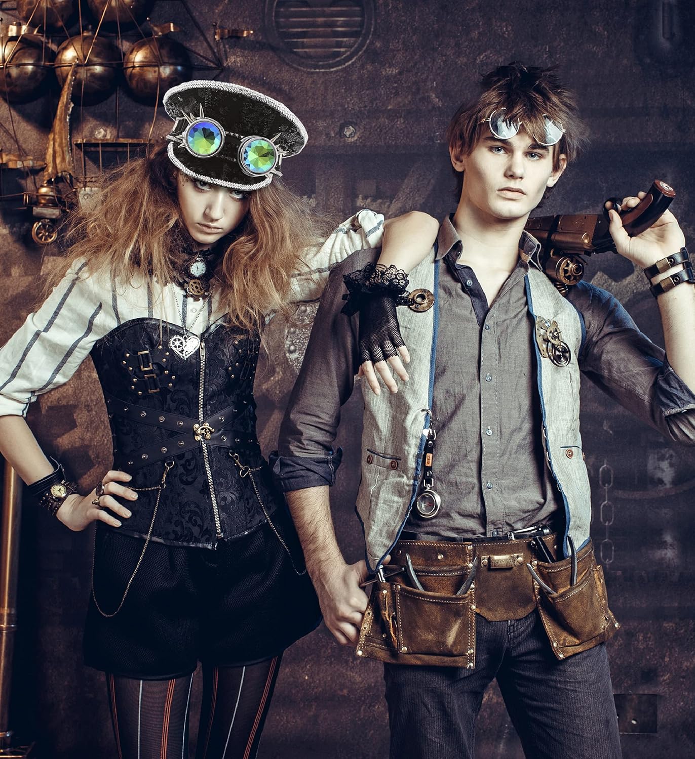 Black Sequin Steampunk Hat with Goggles - Halloween Party Hat