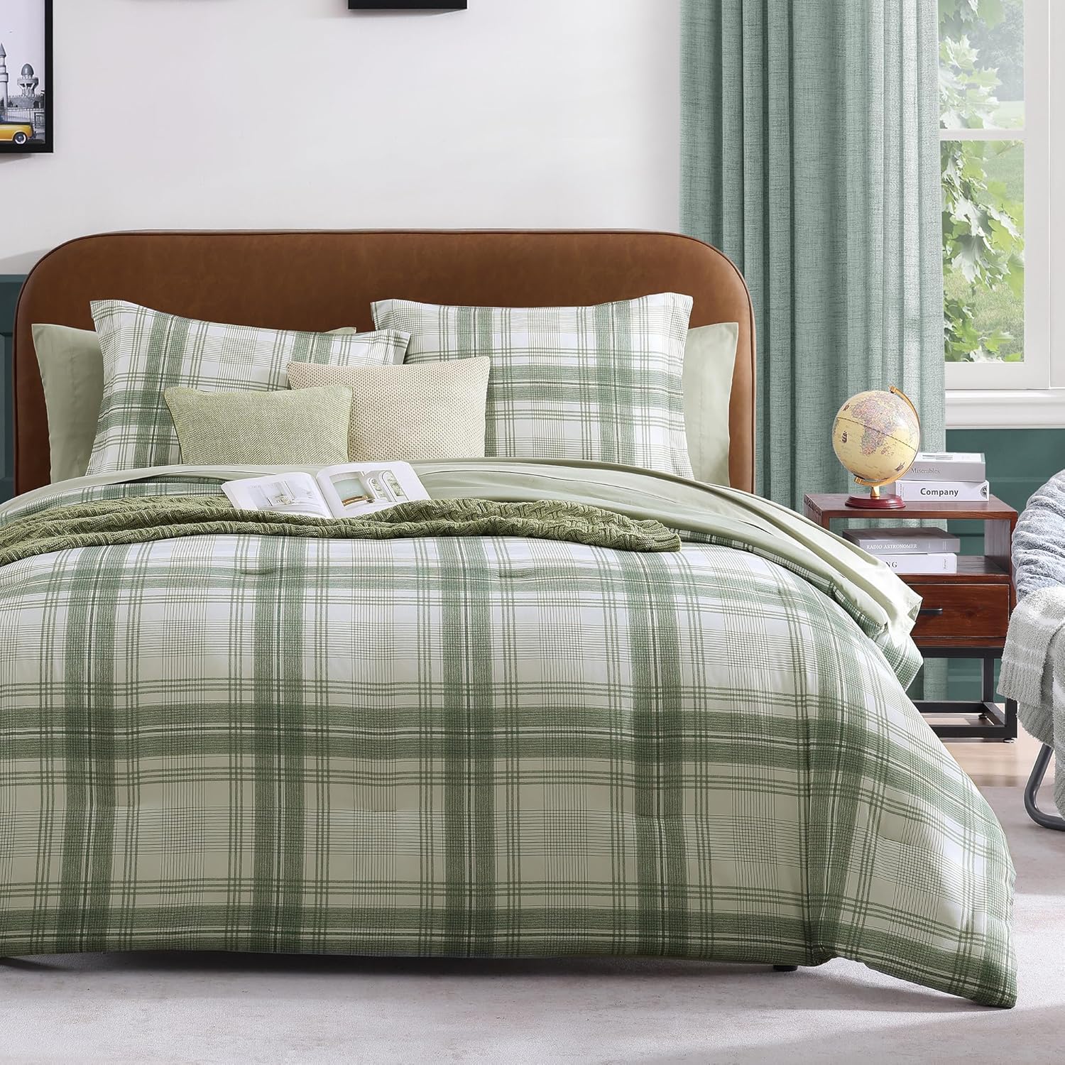 AMBERSPACE Twin XL Comforter Set, Green Plaid Bedding Set 5 Piece for Boys Girls Teen, Classic Homestead-Style Kids Comforter Set Bed in A Bag with Sheets, Pillowcase & Sham