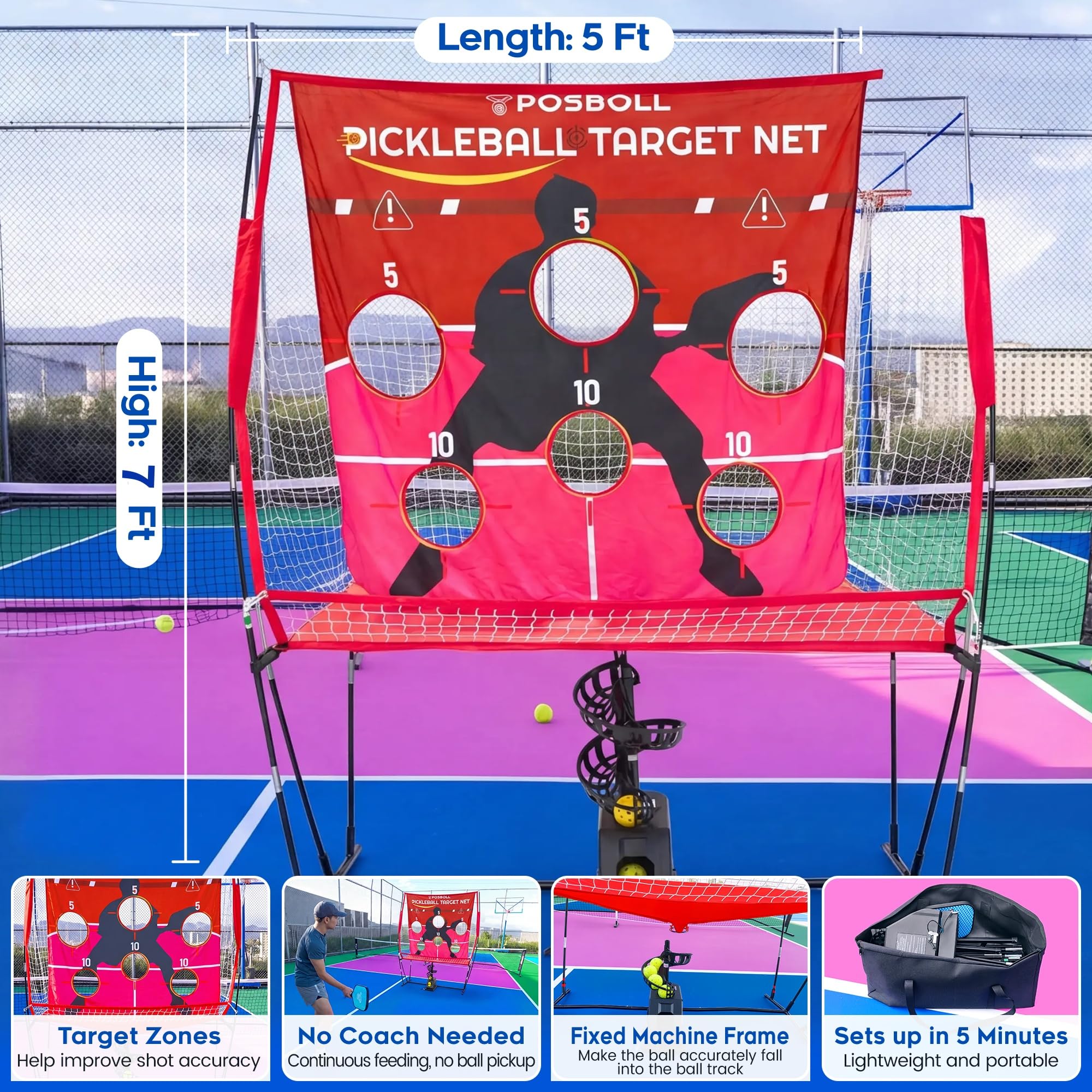 Rete portatile per pickleball e collettore di palline, con batteria al litio da 5200 mAh, sistema di riciclaggio per sottaceti, attrezzatura sportiva da tennis, ausili per l'allenamento da