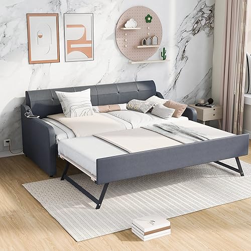LZ LEISURE ZONE Sofá cama individual con nido, sofá cama de tapicería con diseño de carga USB, nido puede ser plano o erigido, gris