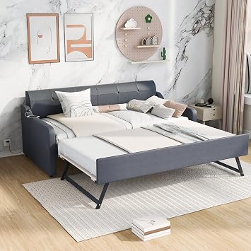 Twin Size Daybed with Pop Up Trundle, Sofa Cama, and USB Charging - Perfect for Guests and Small Spaces Twin Size Gray