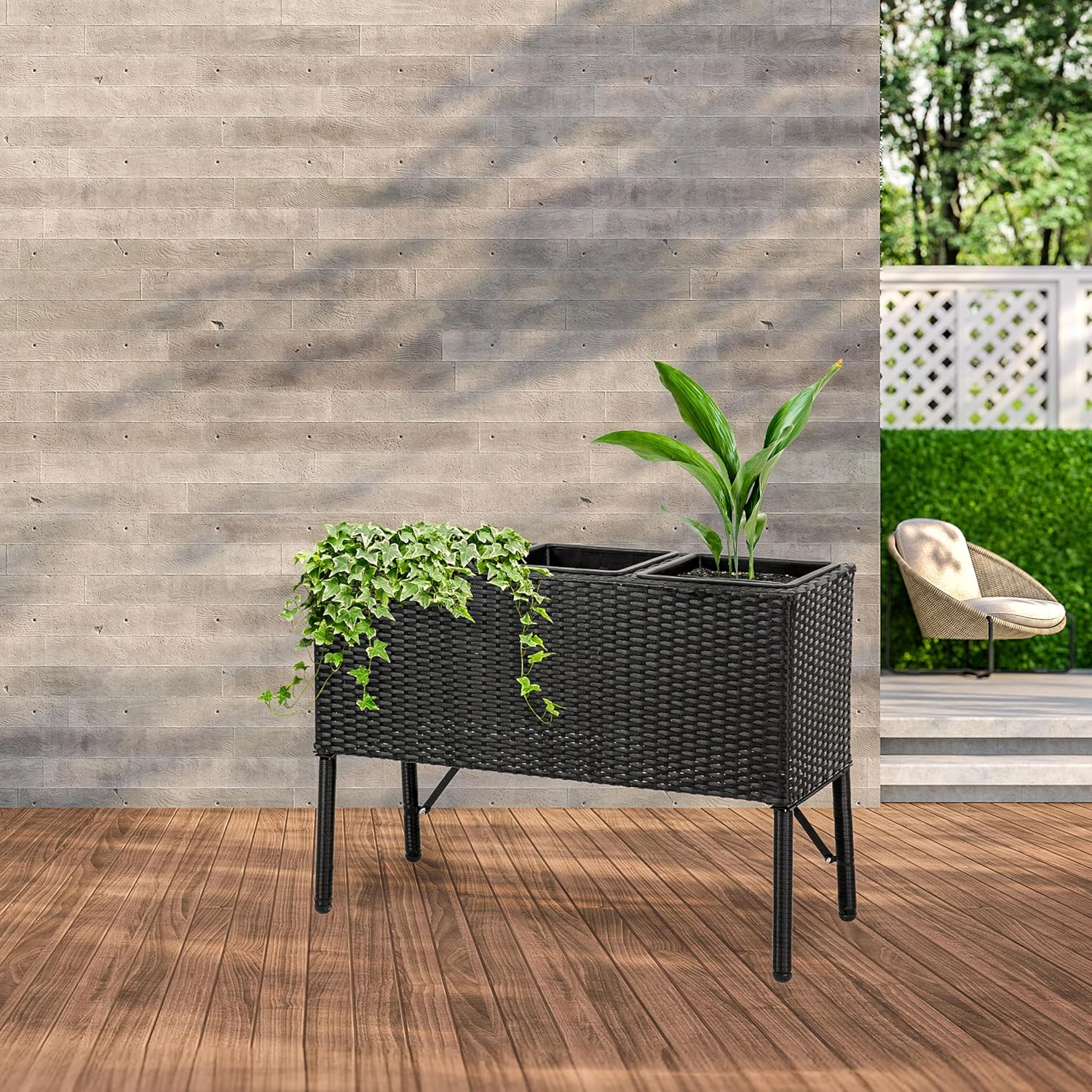 Sunnydaze 3-Section Wicker Raised Planter Box - 3 Removable Plastic Inserts - Above Ground Raised Garden Bed with Legs - 30.75" W x 11.75" D x 22" H