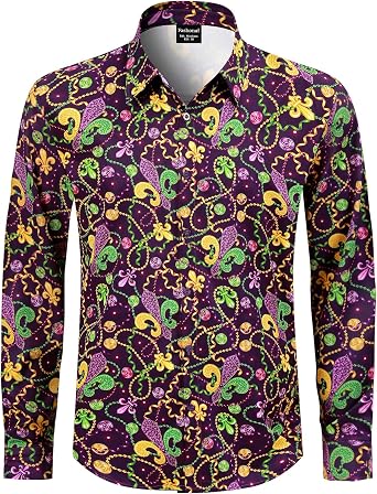 Mens Mardi Gras Novelty Button Down Long Sleeve Shirt, S-4XL