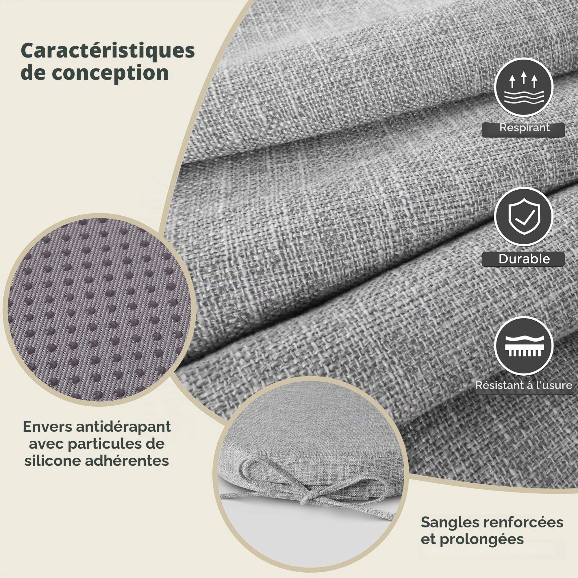 AddGrace Lot de 4 coussins de chaise pour chaise en métal, 35 x 35 cm, avec liens, antidérapants, épais, avec housse structurée et amovible, gris clair