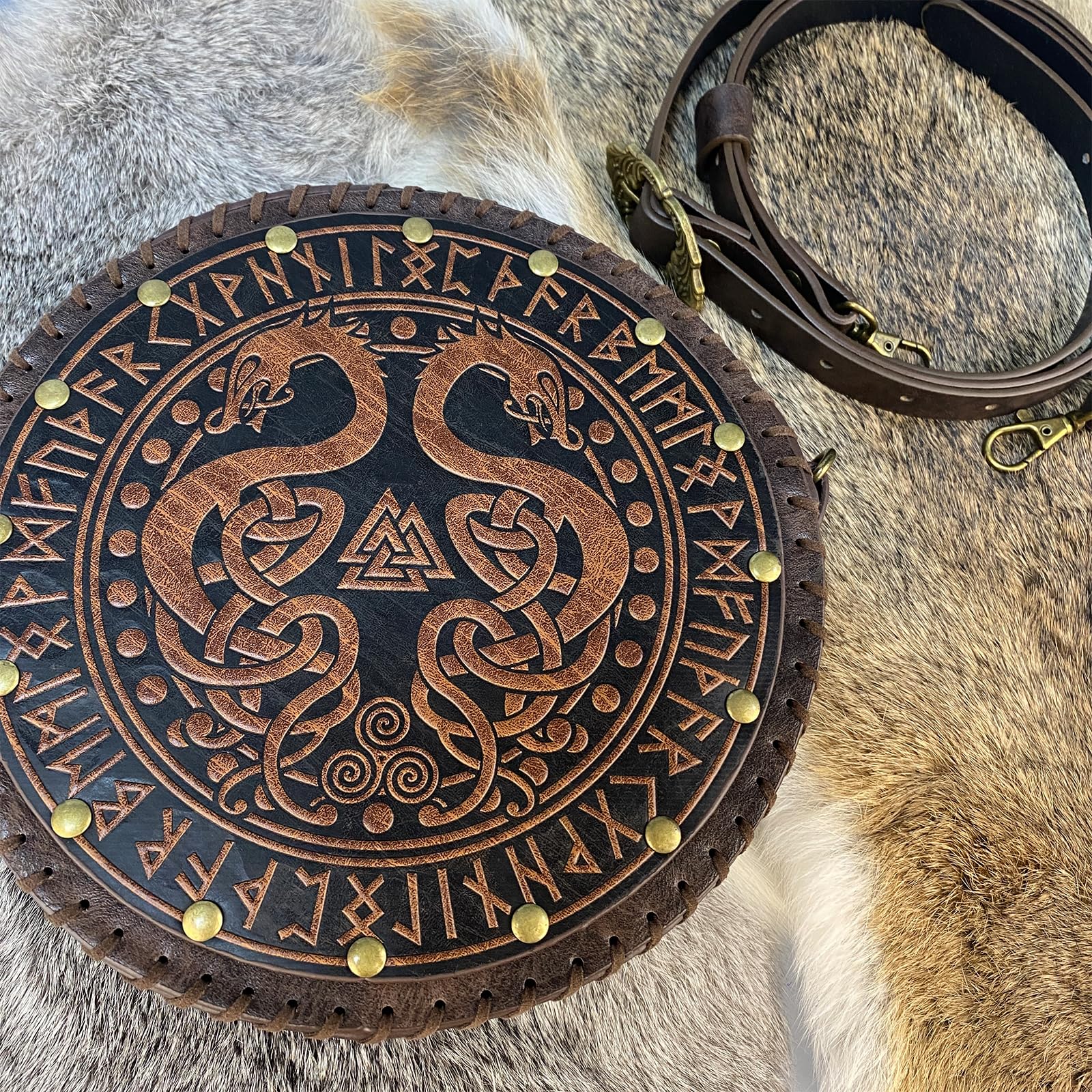 HiiFeuer Sac à bandoulière gaufré Viking, Nordique Sac à ceinture en faux cuir Sacoche, Sac à bandoulière portable pour cosplay médiéval (Marron A)
