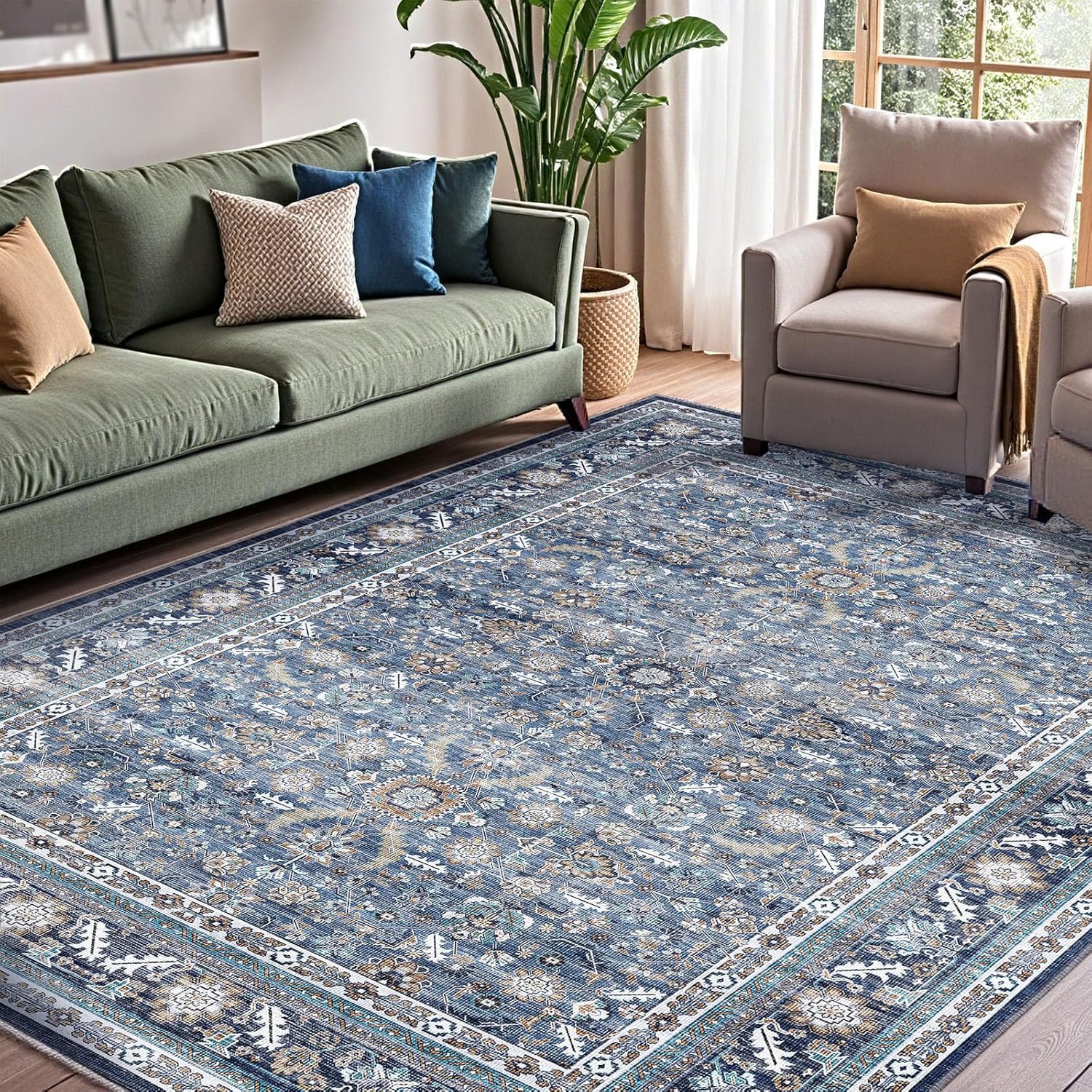 Tapis de sol anti-tache pour cuisine et balcon à motif floral bleu vintage lavable et résistant