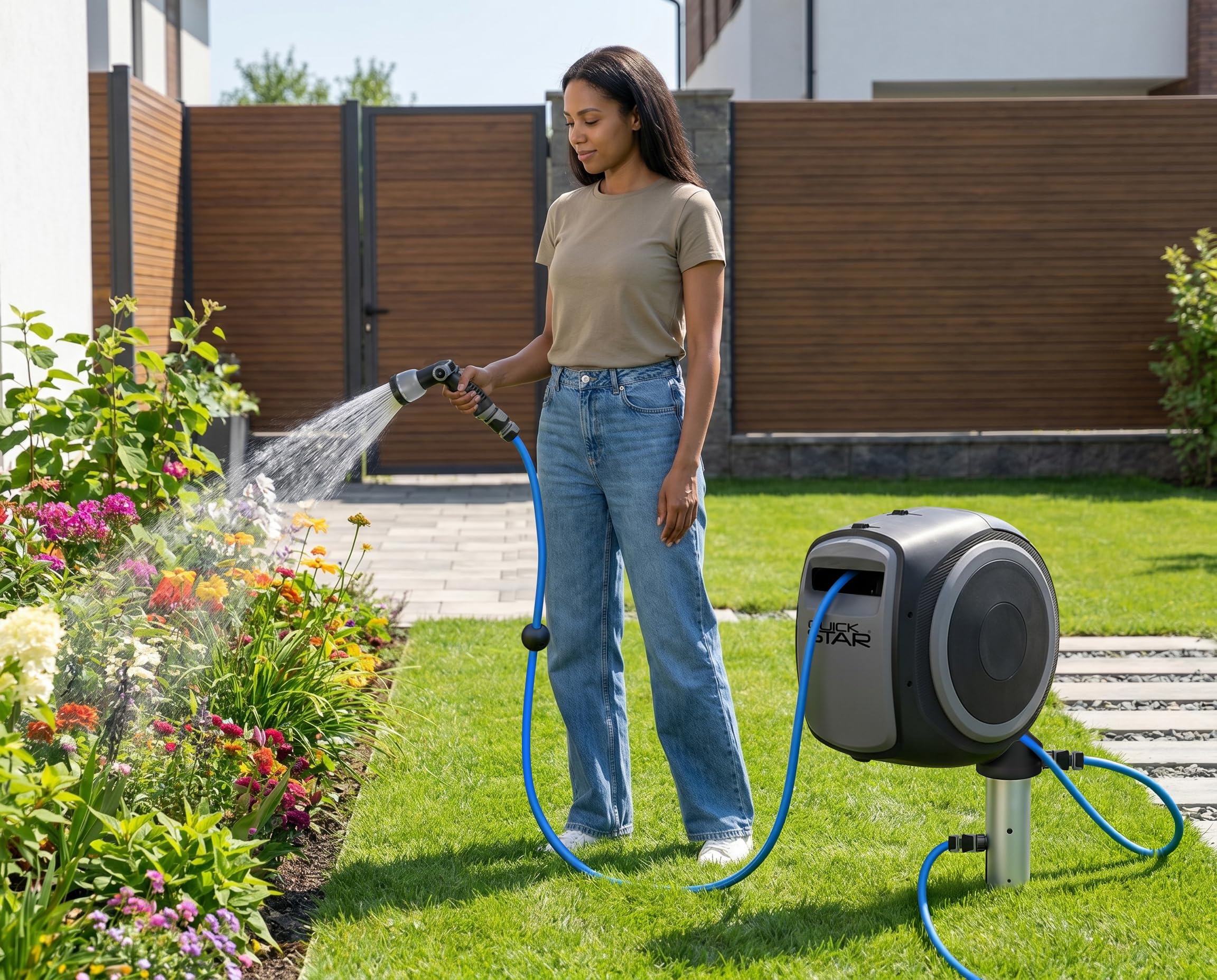 QUICK STAR Erdspieß für Schlauchtrommel Halter Hallterung mit Universalkupplung Bodenanker Gartenschlauch aus Aluminium & verzinktem Stahl – Stabiler Standfuß für Schlauchaufroller