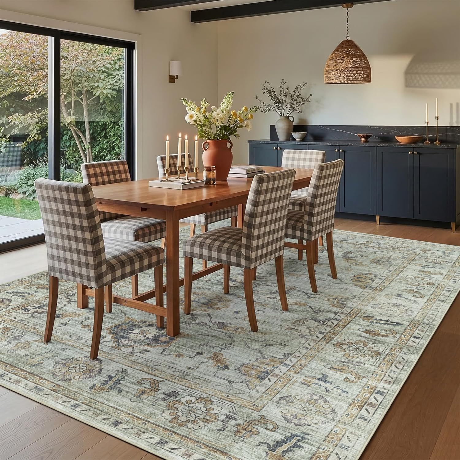 Washable Rugs 6x9 Area Rugs for Living Room,Rug for Bedroom, Vintage Distressed Non-Slip, Ultra Soft Faux Wool Carpet for Dining Room, Sage Green Gray Soft Gold Neutral for Home Office Décor