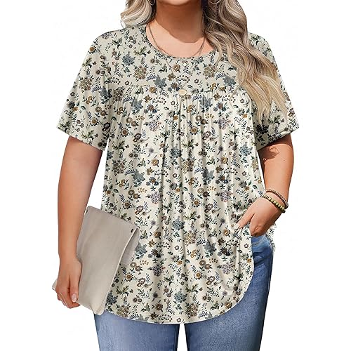 IN'VOLAND Womens Plus Size Tops Short Sleeve Tunic Crew Neck Shirts Summer Casual Loose Blouse 1X-5X