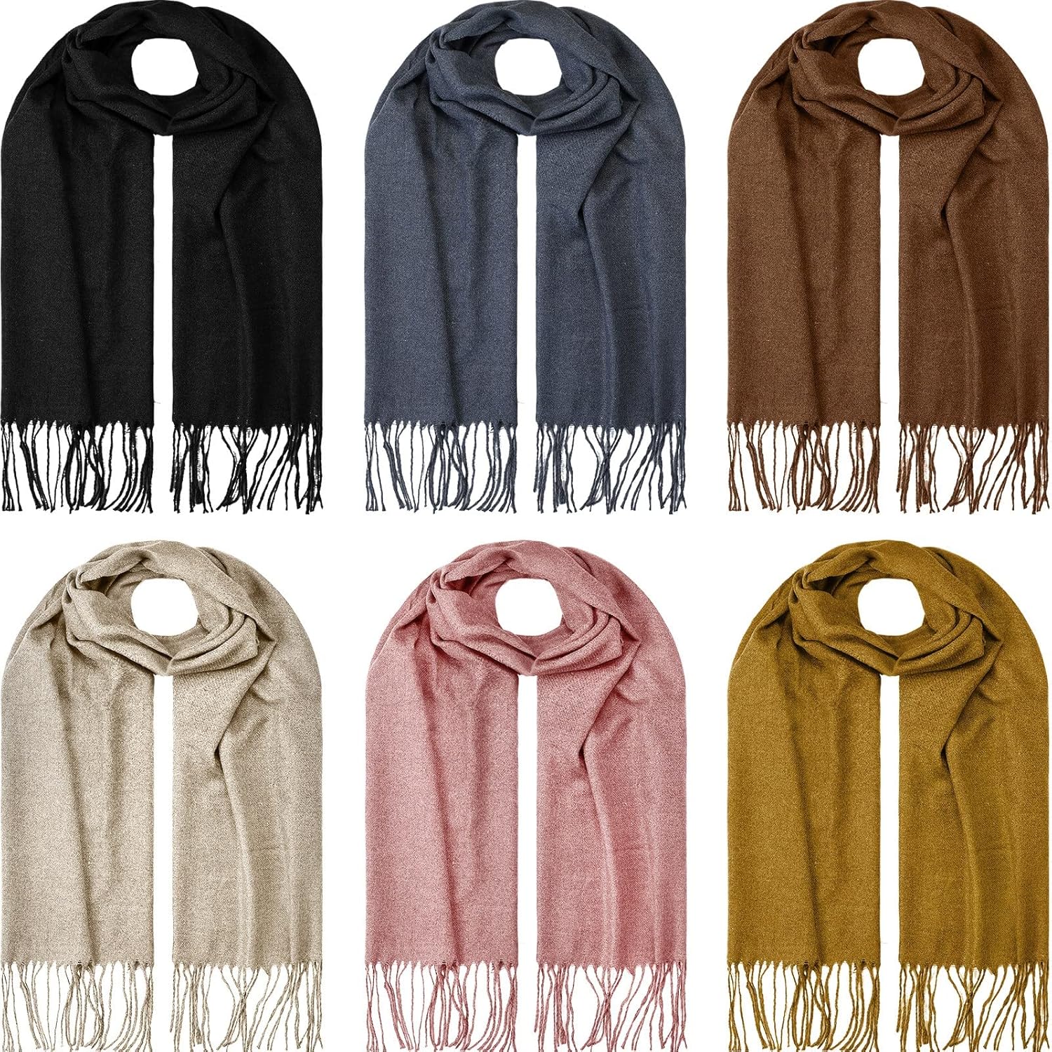 Handepo 6 Pcs Solid Color Winter Scarf Fall Cashmere Feel Cold Weather Scarfs Faux Cashmere Warm, 74.8 x 12.6 In
