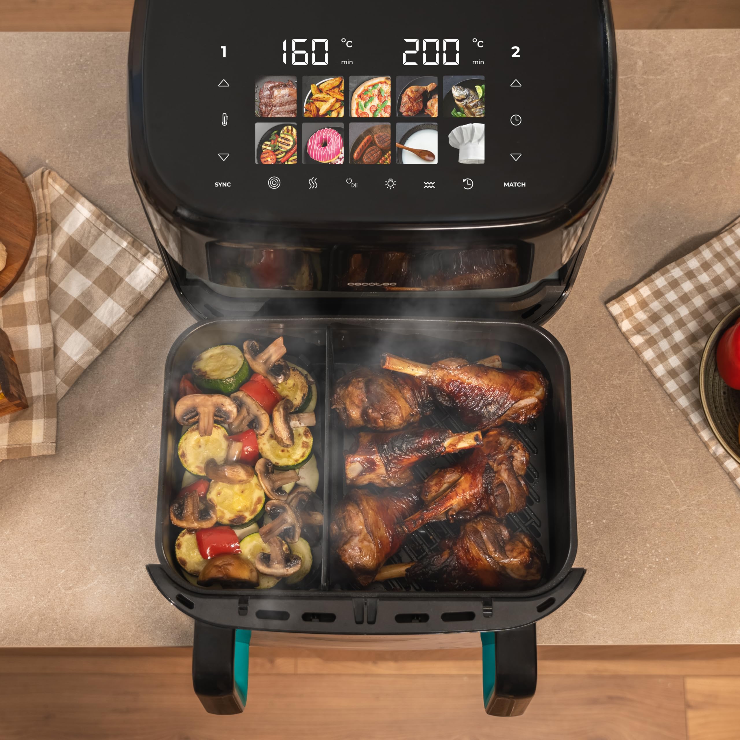 Cecotec Friggitrice ad Aria 10L - Air Fryer Cecofry&Grill Smokin'Prime 11000. 2800W, 3in1: Friggitrice, Grill, Piastra. Affumicatore integrato, Parete divisoria, Temp 40-200°C, Cottura uniforme