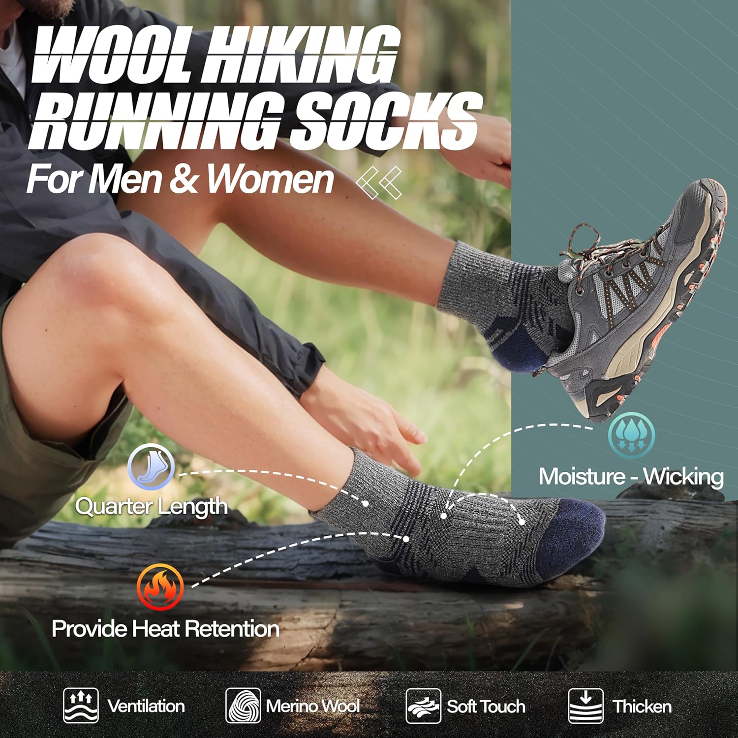 ANTSANG 6 Pairs Merino Wool Quarter Ankle Hiking Running Socks Compression Thermal Thick Cushion Socks for Women Men - Image 2