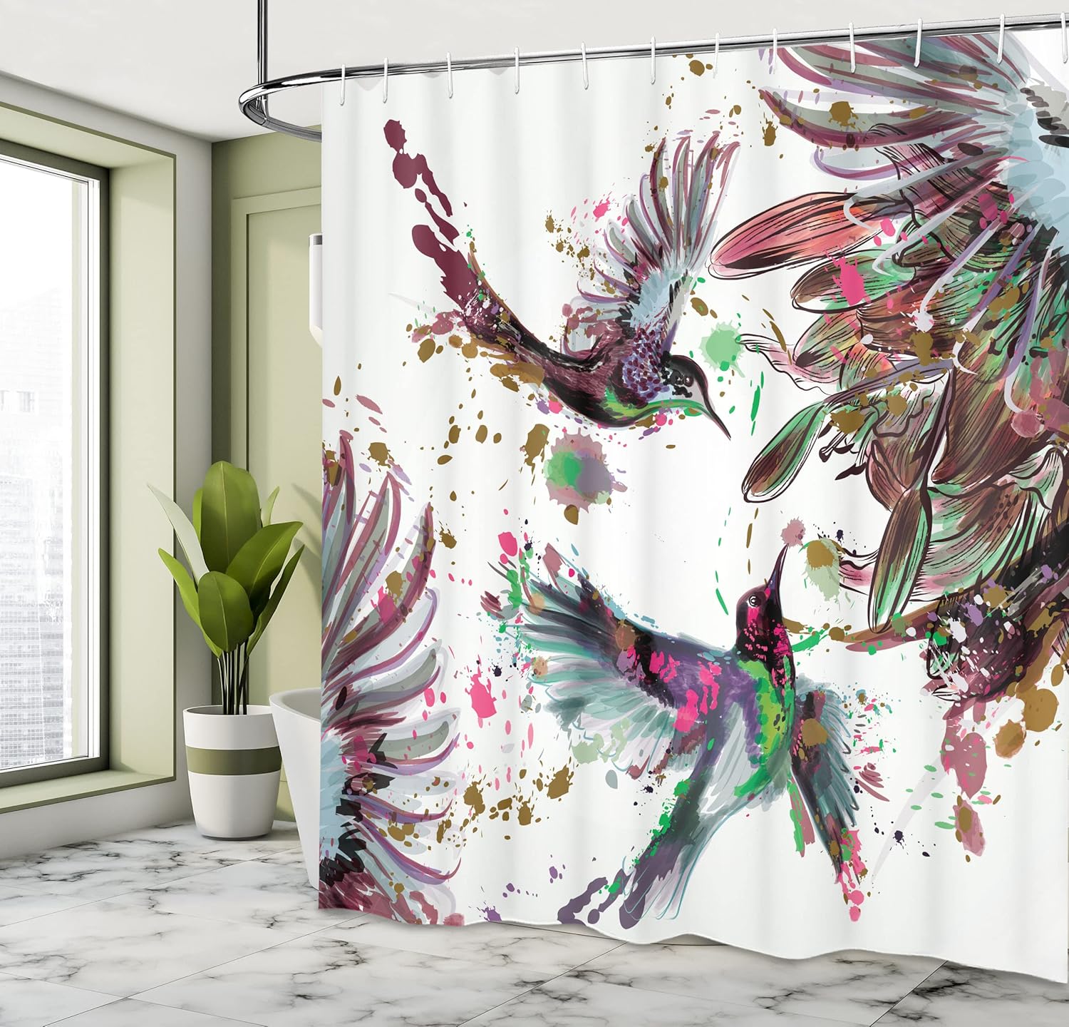Ambesonne Hummingbird Shower Curtain, Art Lily Flowers Birds and Color Splashes in Watercolor Painting Style, Cloth Fabric Bathroom Decor Set with Hooks, 69" W x 70" L, Shamrock Green