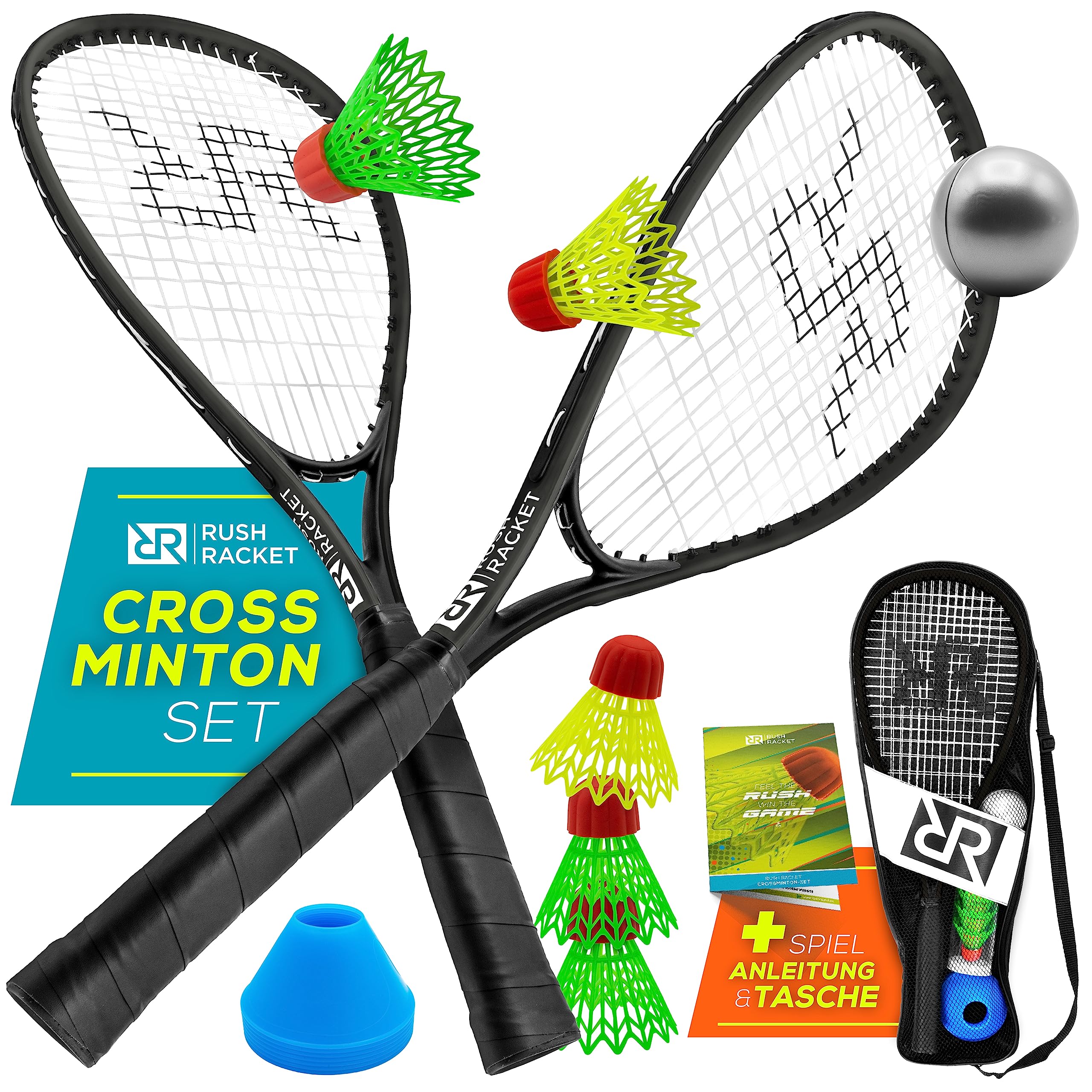 Set RS3 Speed Badminton da 5 pezzi (2 racchette, 5 volani, 1 softball, 8 marcature sul campo, 1 borsa per il trasporto), set da crossminton – Set turbo badminton (nero)