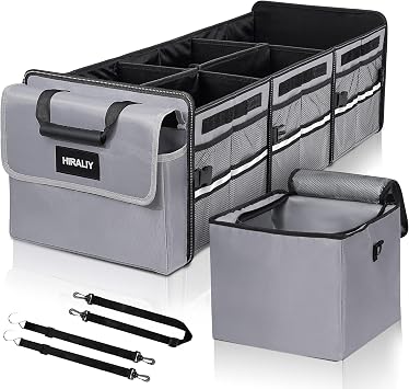 HIRALIY 4 in 1 Car Trunk Storage Organizer with Leakproof Cooler Bag, Multi-Compartment Foldable Trunk Storage Box for Car Truck SUV Gray