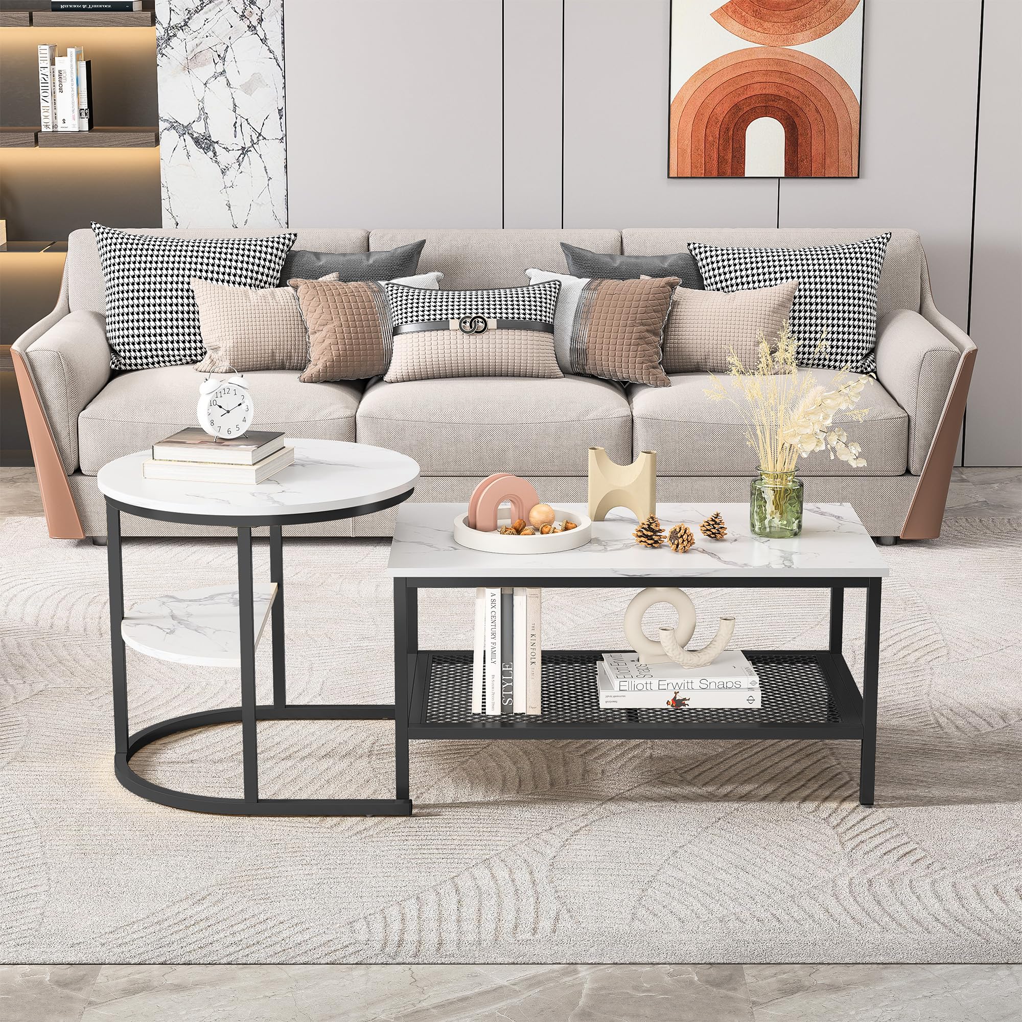 Juego de mesas de centro redonda y cuadrada con estructura de metal negro