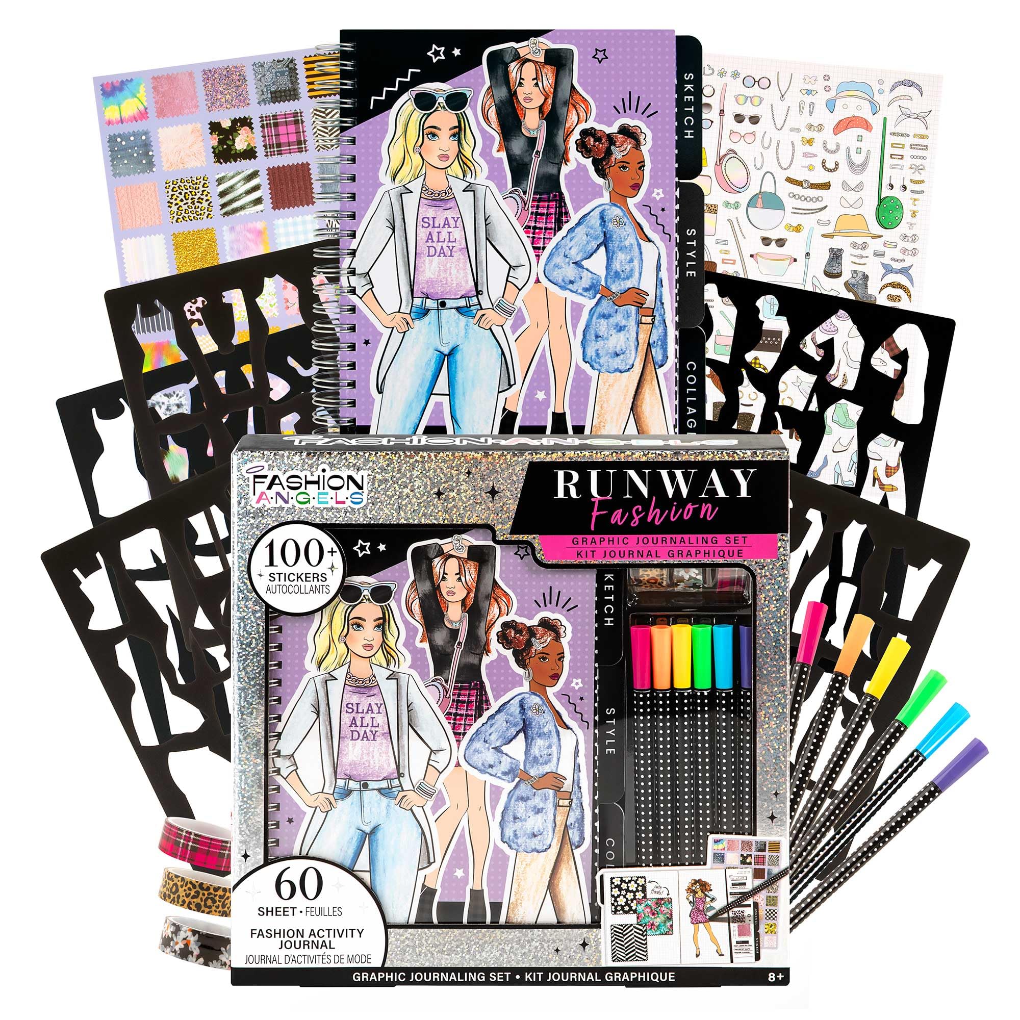 Runway Fashion Graphic Journaling Set - Fashion Design Activity Journal with Markers, Stencils & Stickers - Teaches Basic Fashion Design - Beginners Fashion Sketch Pad for Kids 8 & Up