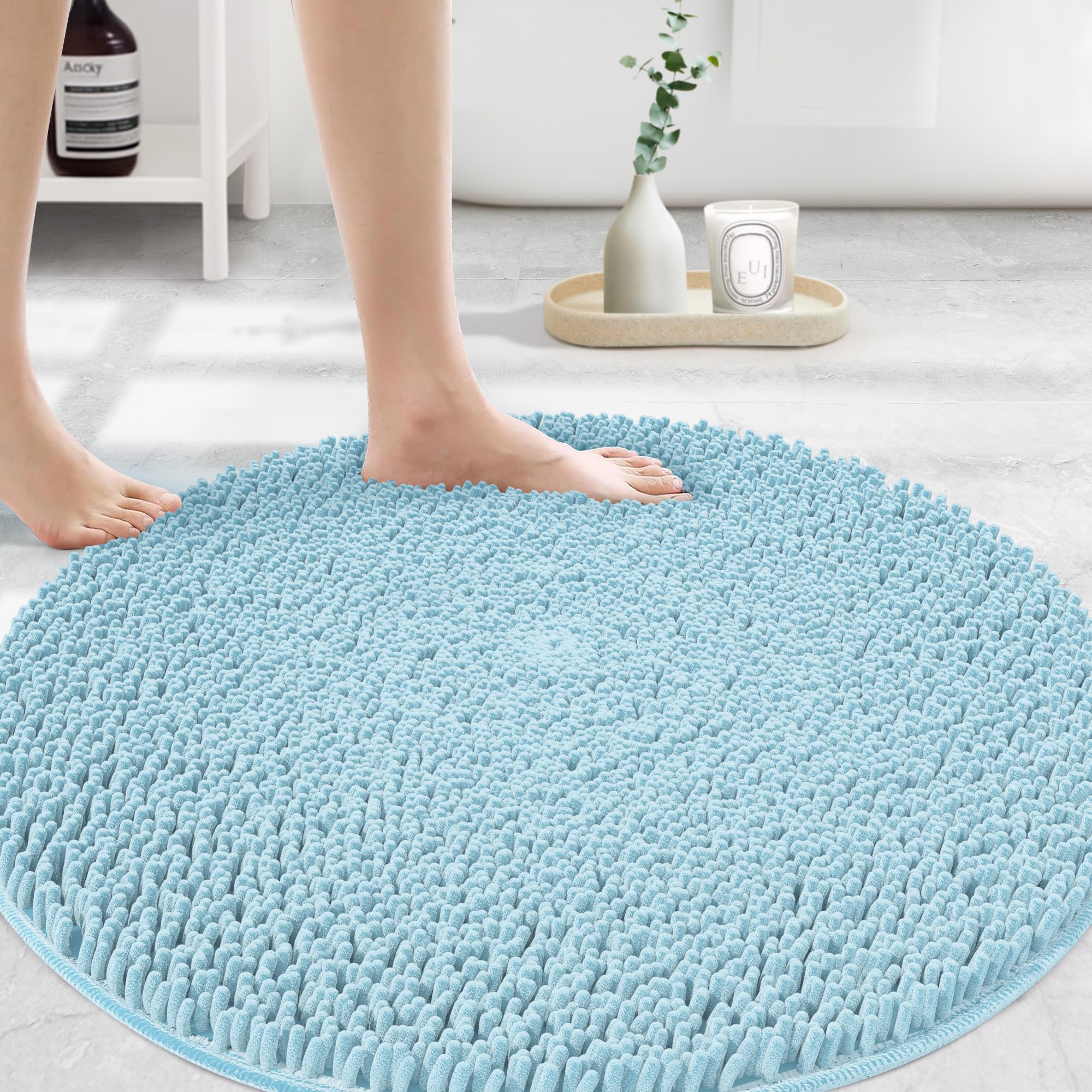 Extra Large Round Area Rug Set for Bathroom 48"x48" Soft Plush Chenille Bath Mat, Water Absorbent Non-Slip Bathroom Rug | Washable Shag Carpet for Shower, Bedroom, or Home Décor | Spa Blue