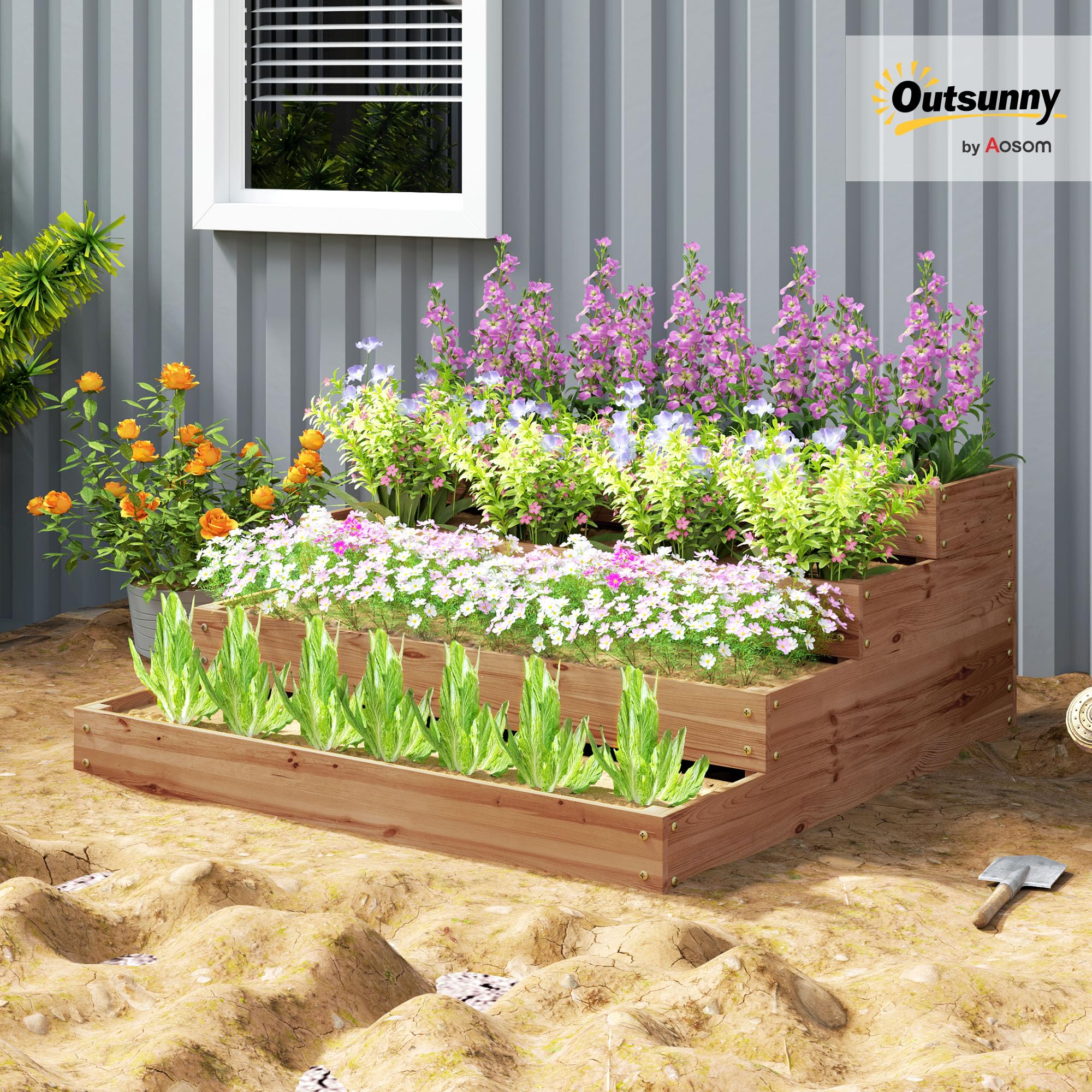Outsunny Orto Rialzato da Esterno a 4 Livelli in Legno di Abete, Fioriera da Balcone con Fondo Aperto e Fodera in Tessuto, per Piante, Fiori e Verdure, per Giardino Balcone, 113x113x46 cm, Caffè Scuro