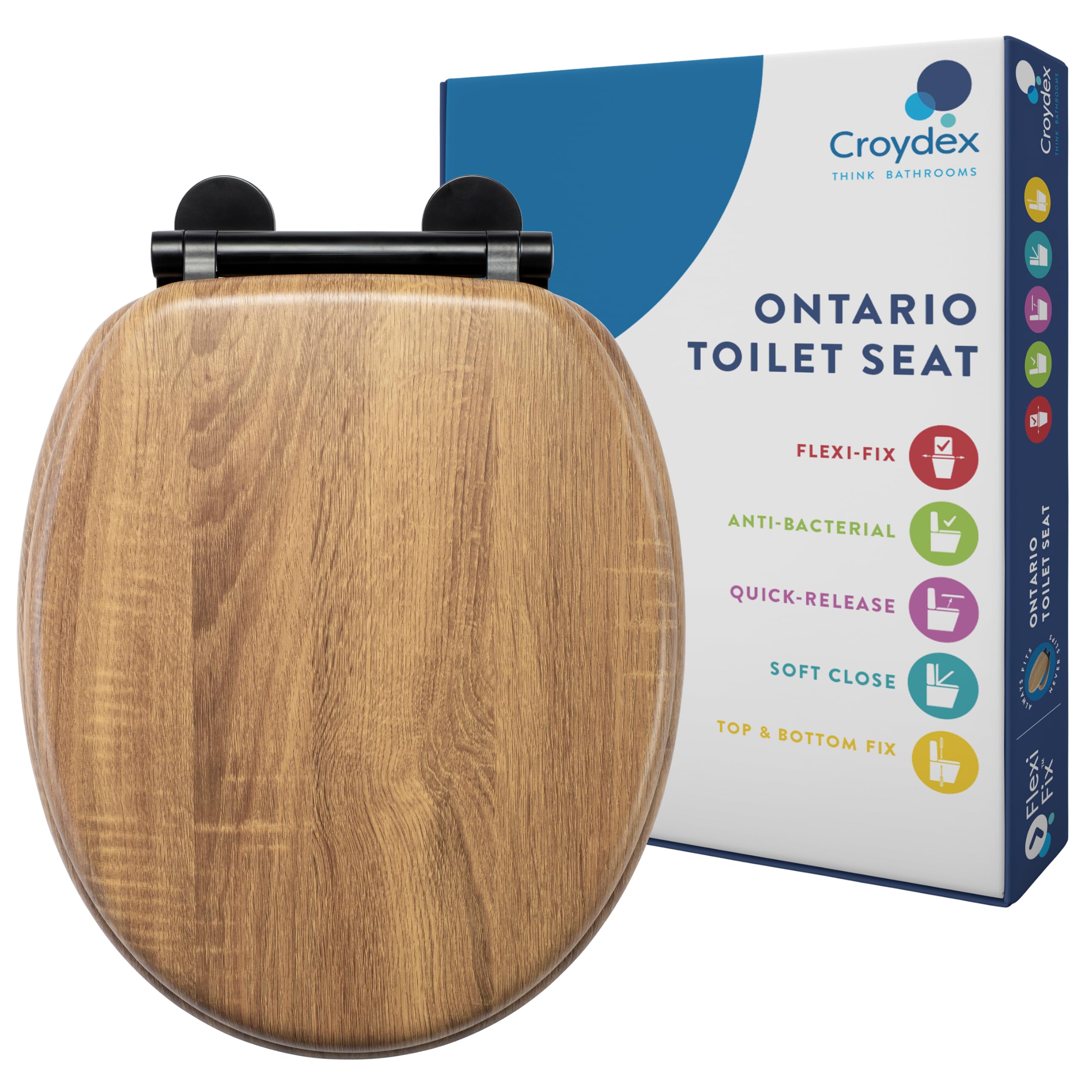 Croydex Ontario - Sedile WC in legno con chiusura rallentata, sgancio rapido per una facile pulizia, cerniere regolabili con fissaggio superiore e inferiore, superficie di seduta antibatterica e