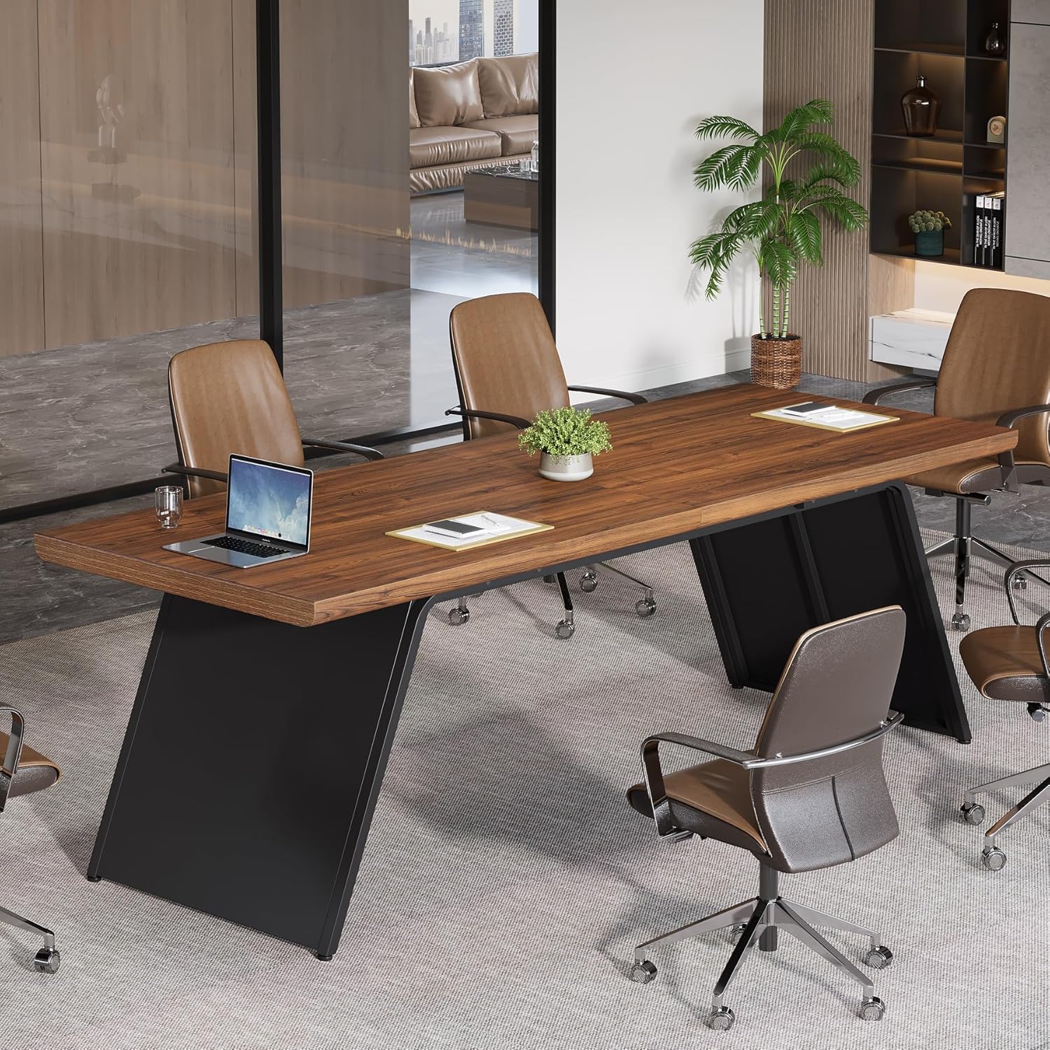 Tribesigns 6.57 FT Conference Room Table, 79" L x 27.56" W Rectangle Executive Meeting Seminar Table with Walnut Wood Top & Black Metal Base for 6, Modern Office Desk Business Furniture for Boardroom
