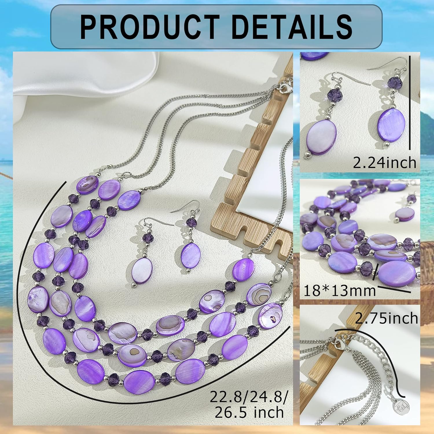 Firstmeet 3-Layer Mother of Pearl Beads Necklace with Earrings Oval Beads Pendant Jewelry for Women - Image 7