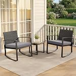 Qsun 3 Pièces Ensemble de meubles de patio extérieur Rocking Bistro Set de conversation en rotin extérieur avec table de café pour jardin Balcon côté piscine (Coussin gris)