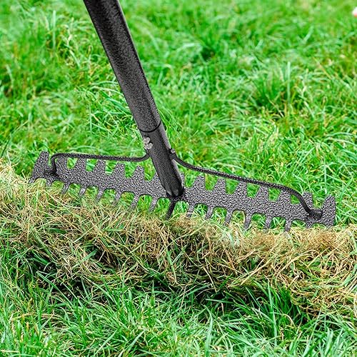 Miniatura 10 de Rastrillo de 49 pulgadas, herramienta de jardín extra ancha de 17 pulgadas con cabezal de doble cara, construcción de acero inoxidable ligero