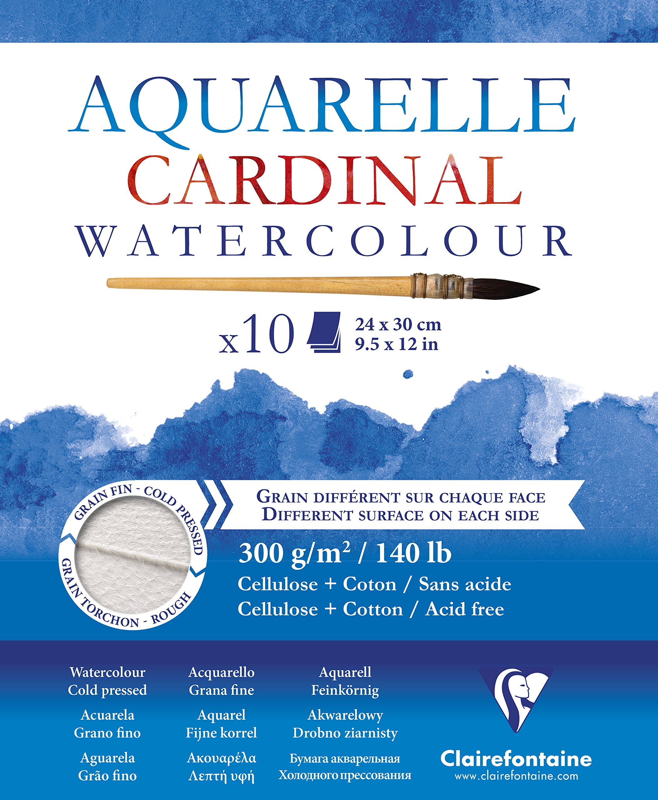 Clairefontaine, Ref 96195C, Cardinal Watercolour Glued Pad (10 Sheets), 24 x 30cm Sized, 300gsm Paper, Acid Free, pH Neutral