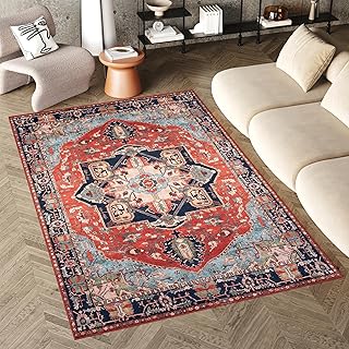 TAPISO Flannel Teppich Kurzflor Rot Blau Schwarz Bunt rutschfest Waschbar Klassisch Ornament Floral Muster Orientteppich Wohnzimmer ÖKOTEX 80 x 150 cm