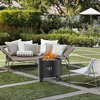 BAIDE HOME Portable Propane Fire Pit for Camping RV 50,000 BTU Round 15'' H x 16'' W Portable Gas Firepit W/ Lid, Glass Shards & Weather Resistant for Outdoors, 10ft Propane Extension Hose, Black