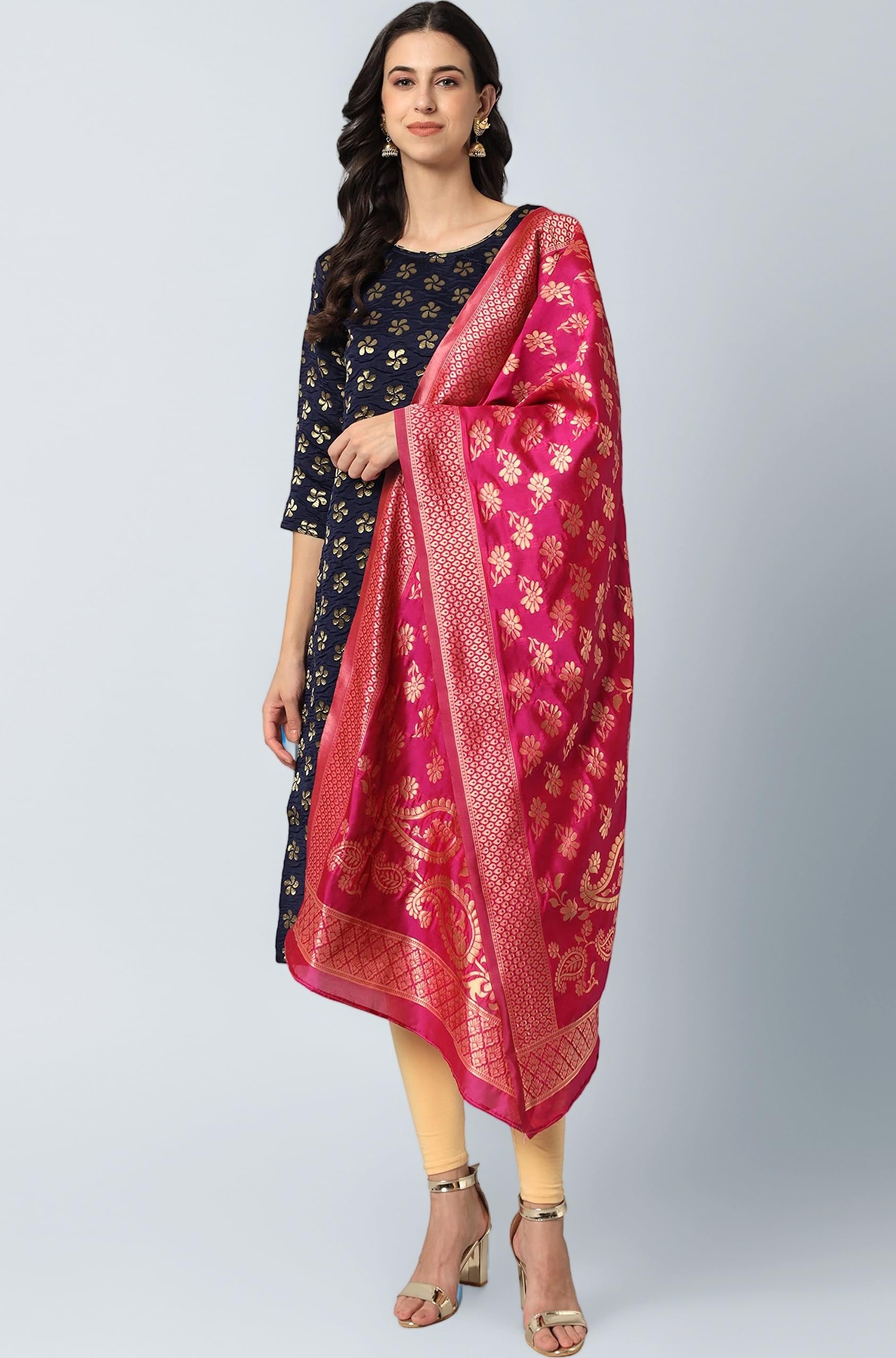 Women's Cotton Silk Blend Straight Kurta With Dupatta with Banarasi Silk Dupatta
