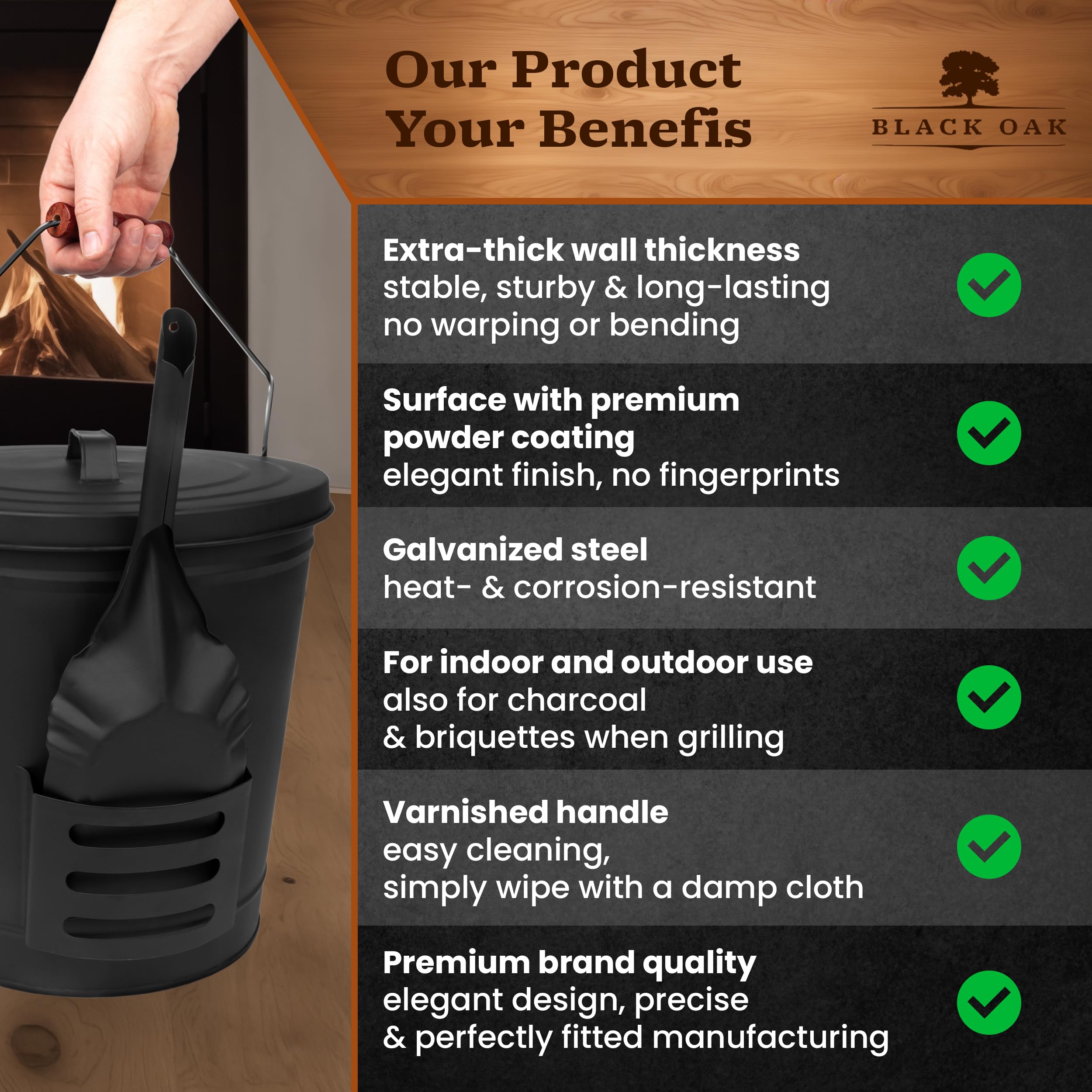 BLACK OAK Secchio per cenere Stromboli 5.3 GAL - Nero con coperchio, pala e guanti - Manico argento - Grande 20L, Acciaio zincato ignifugo e verniciato a polvere, cenere e carbone, camino, stufa in