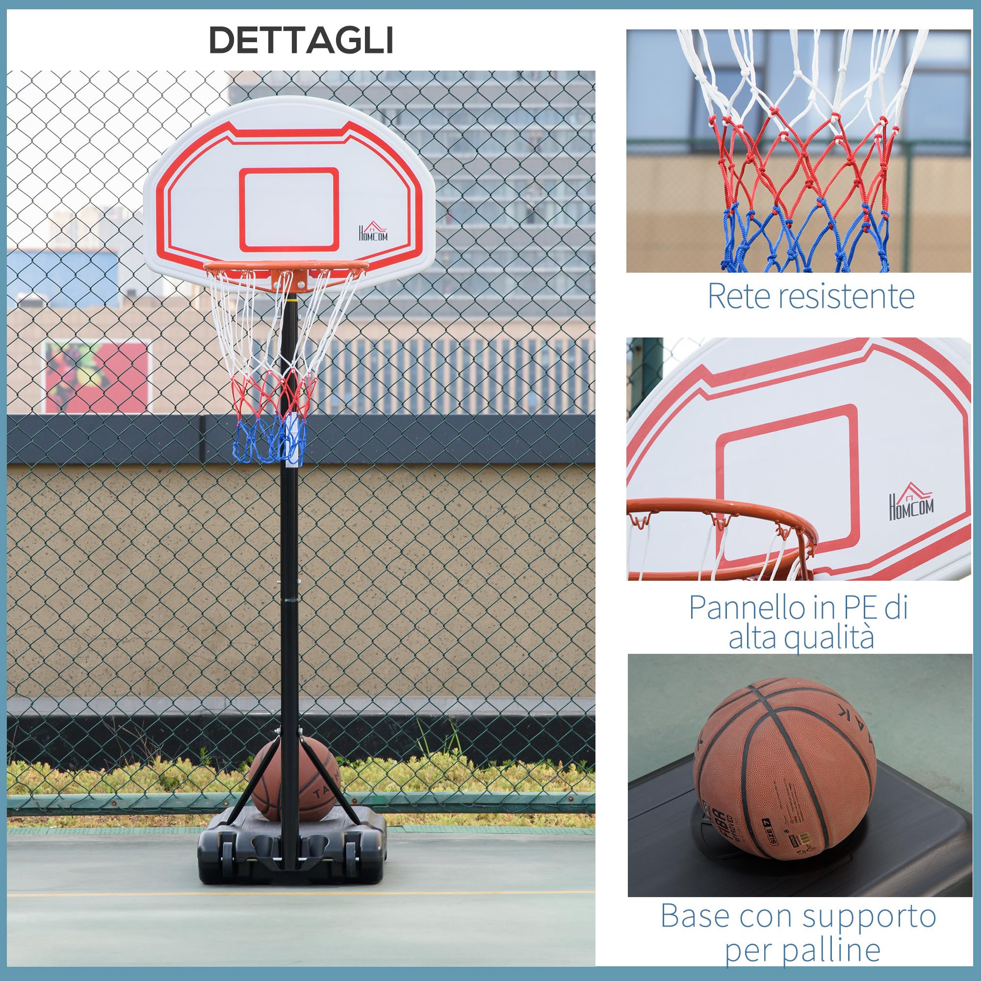 HOMCOM Canestro Basket ad Altezza Regolabile con Base Riempibile e 2 Ruote, Canestro da Basket in Acciaio, PE e HDPE, 70x45x258-314cm, Rosso