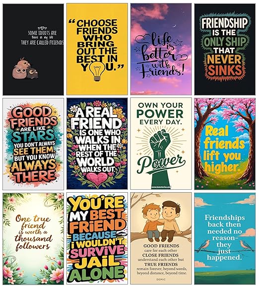 BLUEWALL DECOR Friendship Quotes Wall Posters Set of 12 | premium hd glossy prints with double sided tape | Motivational & Funny Friend Quote Posters for Bedroom, Living Room, Hostel & Office Decor (12x18 Inch, Unframed)