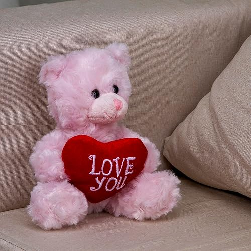 Miniatura 7 de Plushland Peluche de oso de corazón moca  Juguete de peluche para niños y adultos  Almohada de corazón bordada  Marrón-6 pulgadas (Love You-Pink)