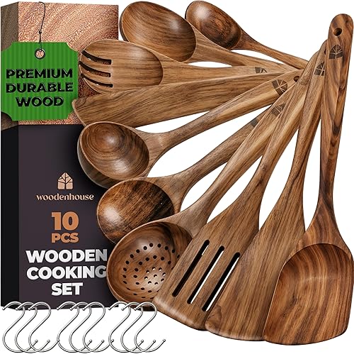 Miniatura 9 de Woodenhouse - Cucharas de madera para cocinar, juego de utensilios de cocina de madera con soporte, soporte para cuchara y ganchos, utensilios de