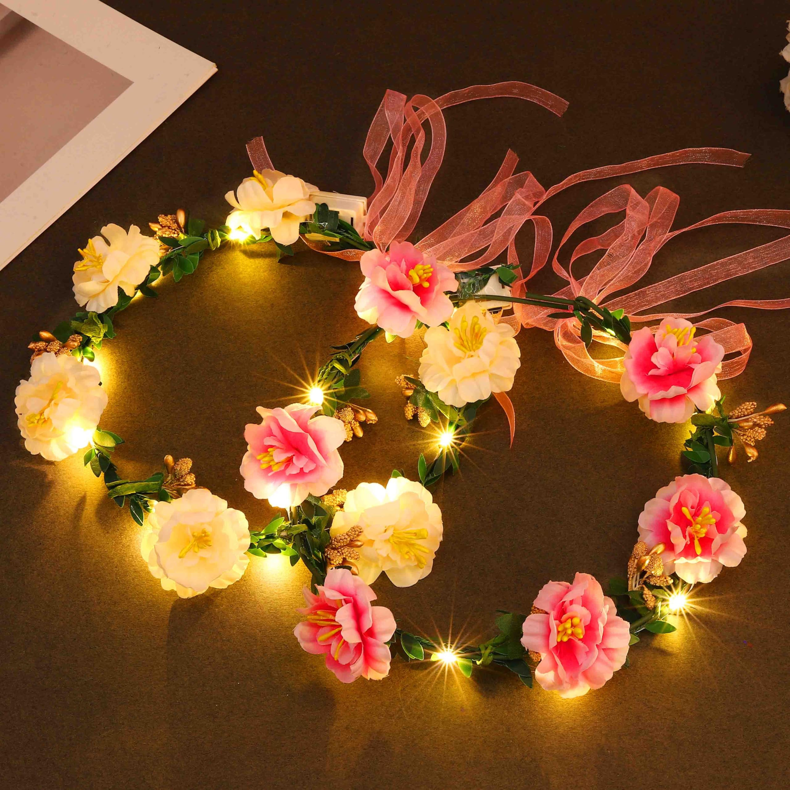 Accessoire Festival Couronne Fleurs LED Fashband - Couronne Lumineuse Réglable Pour Festivals Et Fêtes - Couleur Rose Accessoire Festival Lumineux