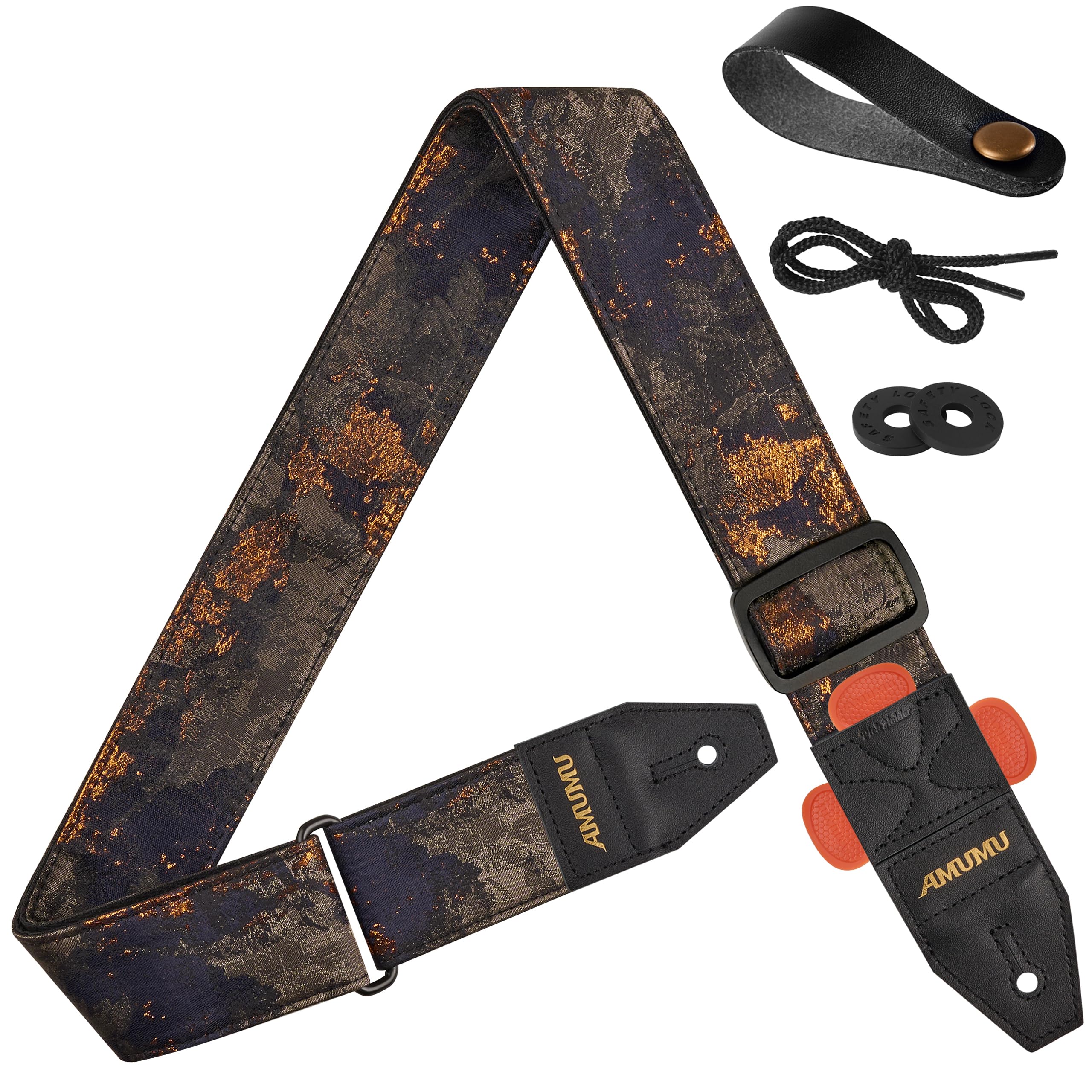 Amumu Unisex Molten Gold Guitar Strap – Premium Woven Polyester With Top-Grain Leather Ends, Quick-Fetch Pick Holder, Guitar-Friendly For Acoustic, Electric, Bass Guitars– Adjustable 36''-59''