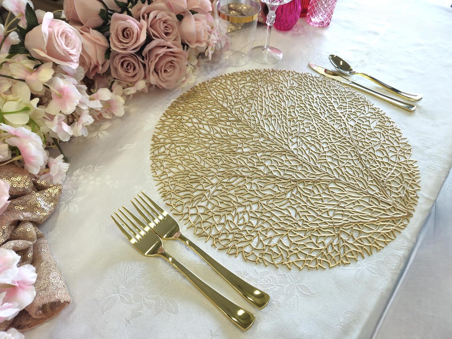 Occasions 120 Pieces Pack Pressed Vinyl Metallic Placemats/Wedding Accent Centerpiece Placemat (Eden, Matt Gold)