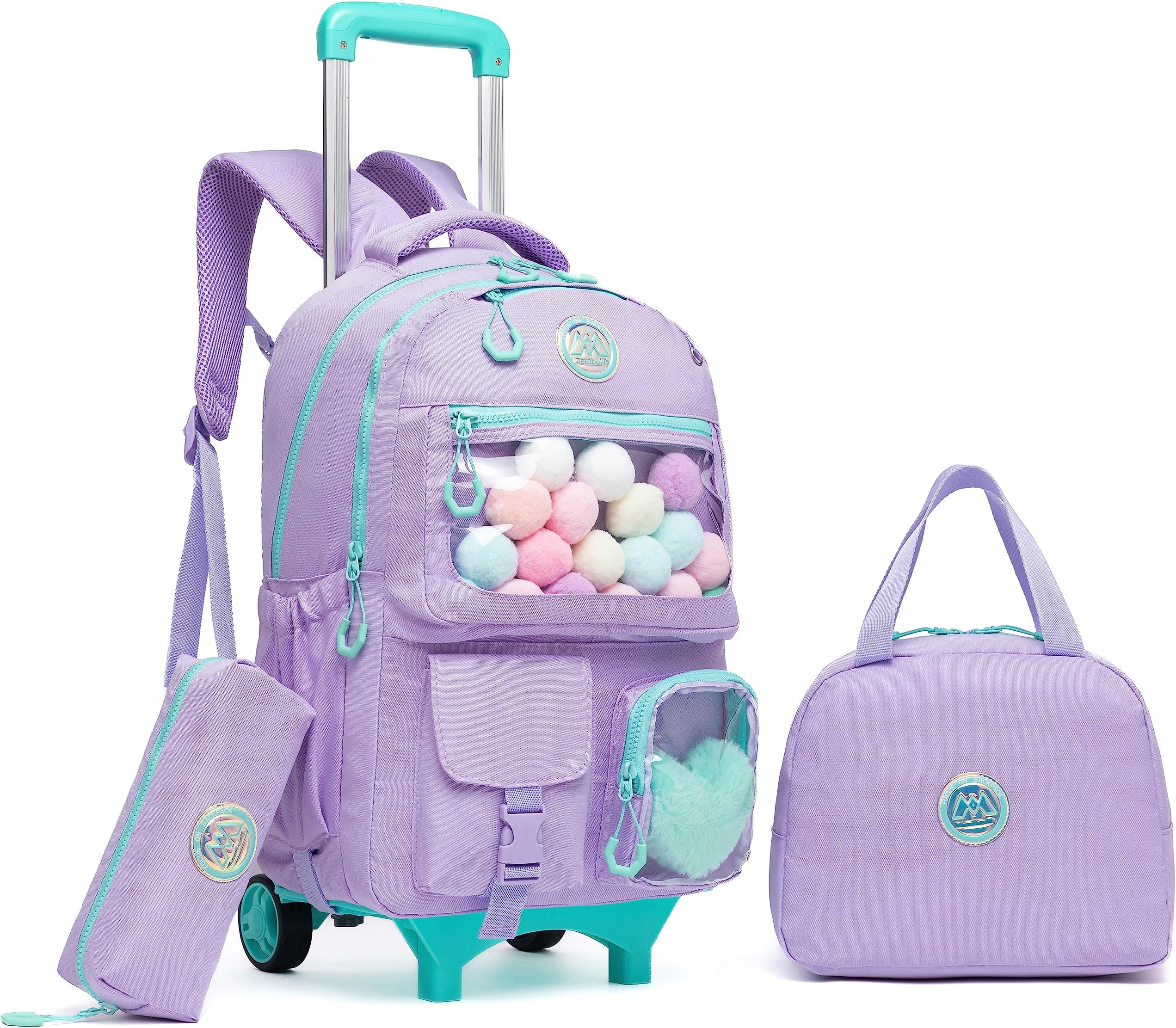 Rolling Backpack for Girls Kids Backpack with Wheels Backpacks for Elementary with Lunch Box Pencil Case Trolley Luggage