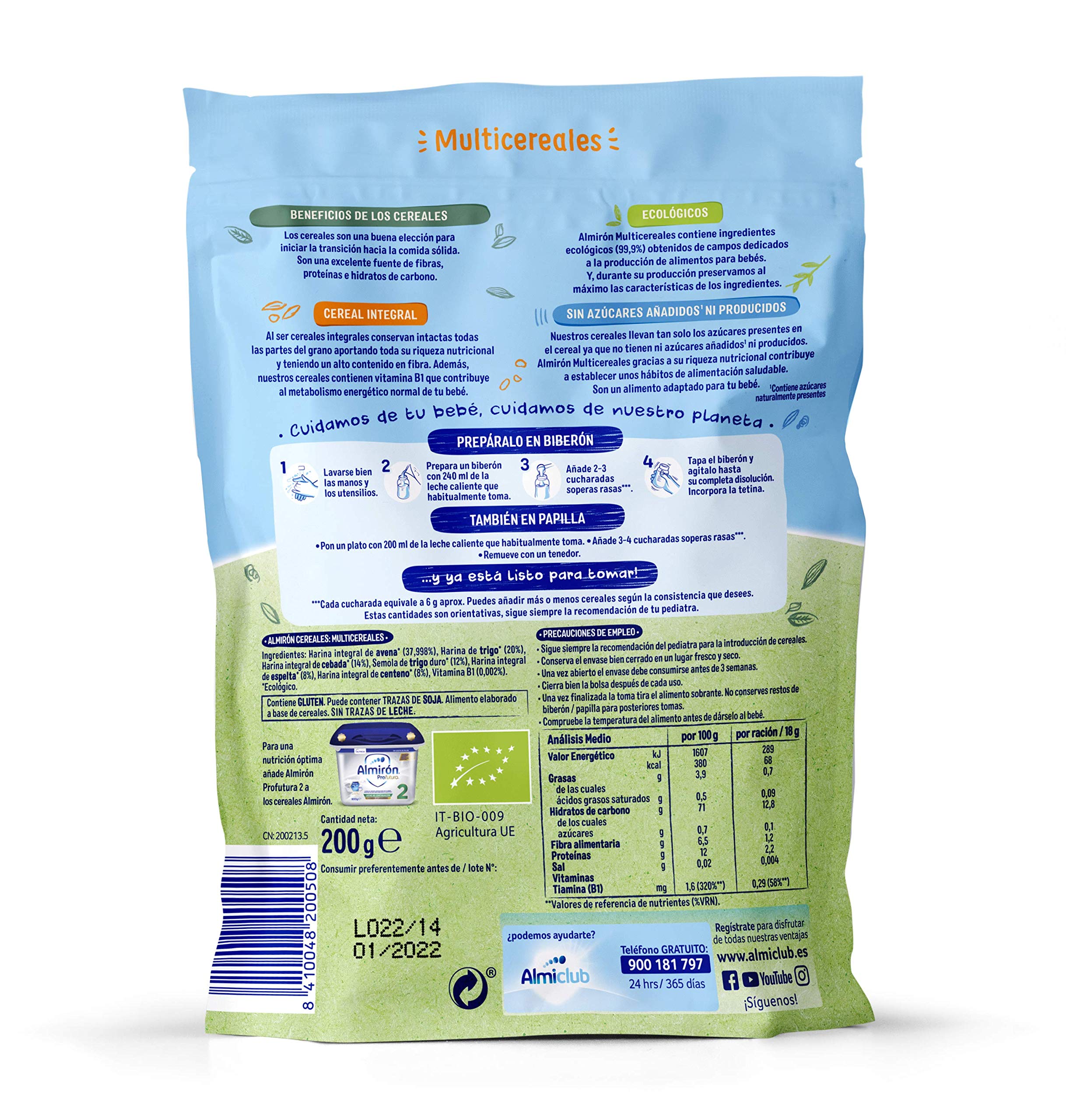 Almirón Cereales Infantiles Ecológicos Multicereales, Pack 1,6 kg, 8 Unidades
