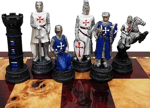 Medieval Times Crusades Knight Juego de piezas de ajedrez azul y blanco pintadas a mano con cruz maltesa - sin tablero